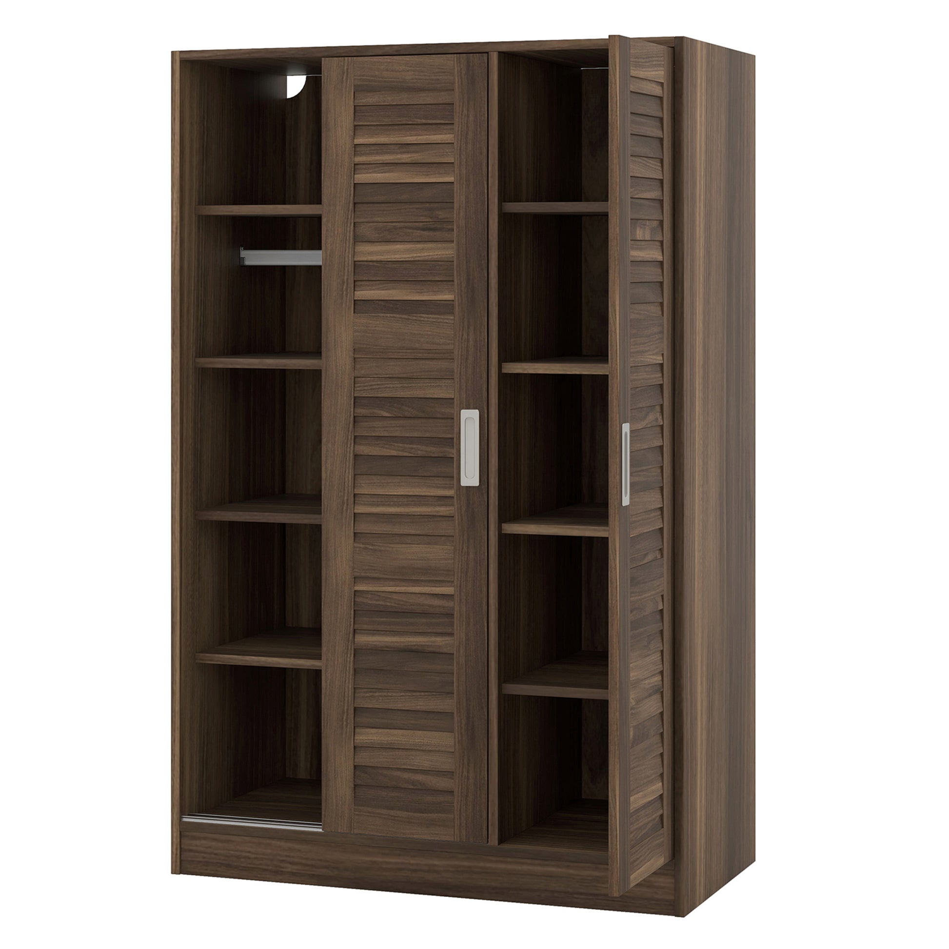 3 Door Shutter Wardrobe With Shelves, Walnut Sliding Walnut Shelf Bedroom Shelf Contemporary 3 Mdf