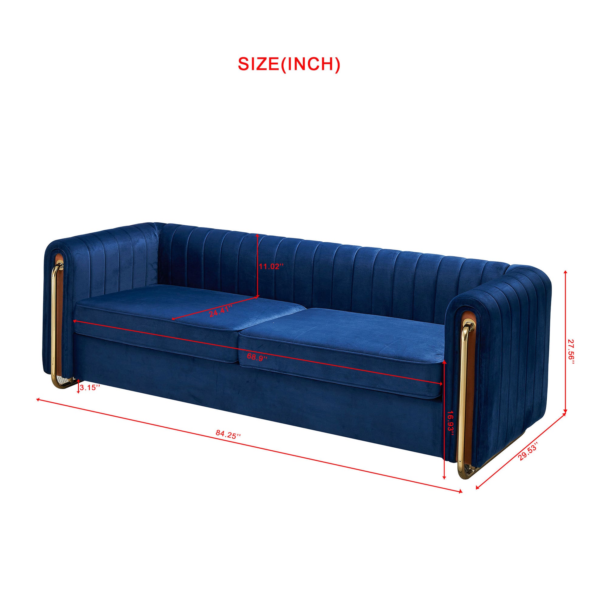Contemporary Velvet Sofa Couch 84.25''W For Living Room, Blue Blue Velvet Wood Primary Living Space Tufted Back Modern Rolled Arms Foam Velvet 2 Seat