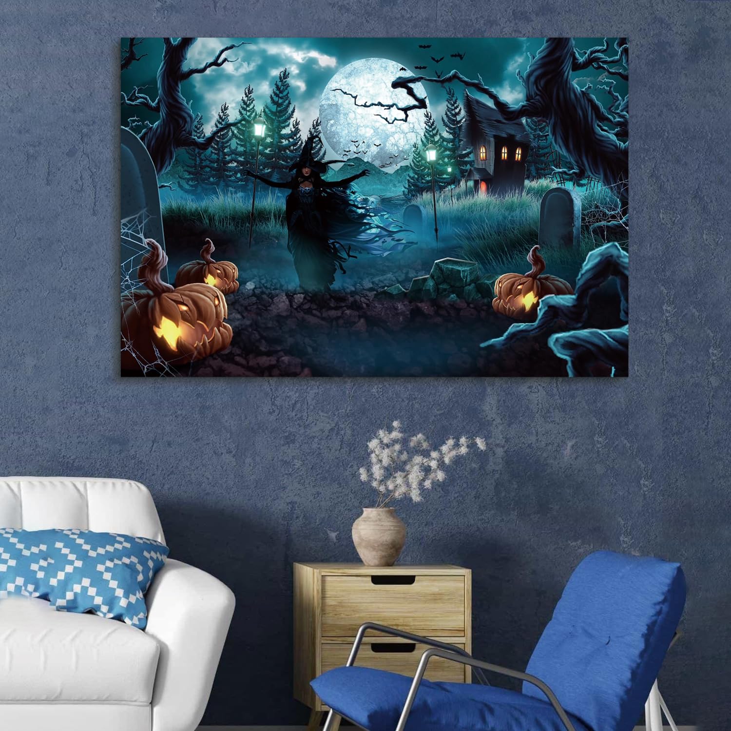 1Pcs Drop Ping Framed Canvas Wall Art Decor Painting For Halloween, Grave Yard Painting For Halloween Gift, Decoration For Halloween Living Room, Bedroom Decor 3624In Thickness 1.5Inch Rectangle Wrapped Canvas Multicolor Halloween Mini 10In 17In Painting