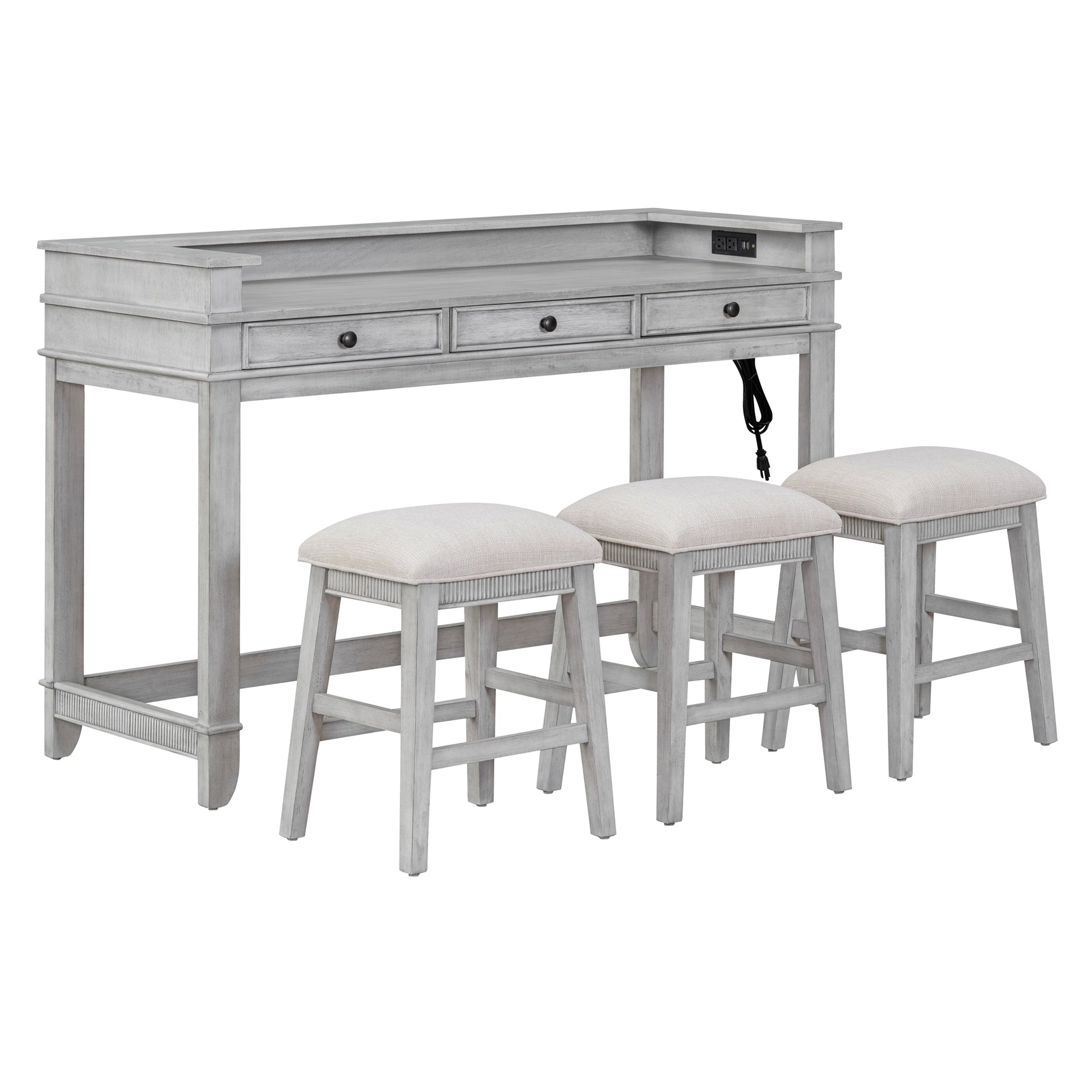 Txrem 4 Piece Dining Bar Table Set With 3 Upholstered Stools, Multifunctional Dining Table With 3 Drawers Gray Gray Rubber Wood