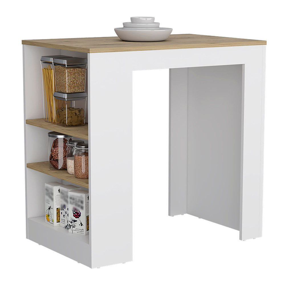 Kitchen Island Doyle, Three Side Shelves, White And Light Oak Finish White Particle Board