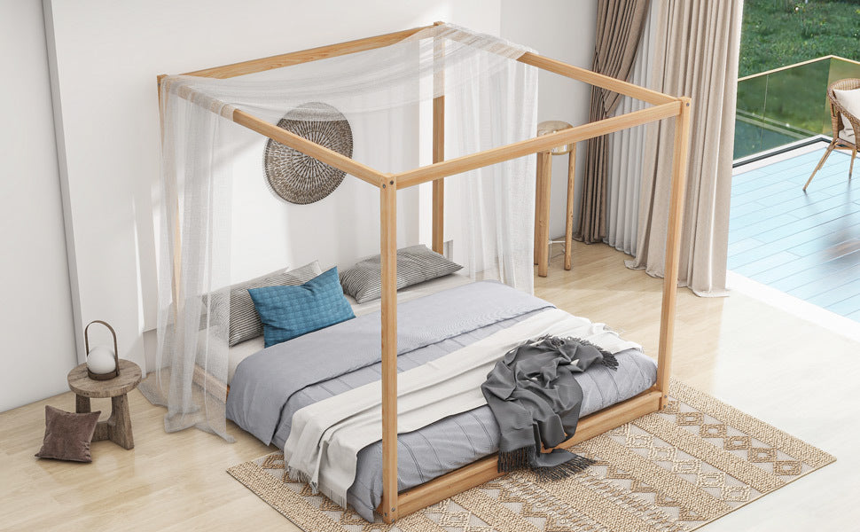 King Size Canopy Platform Bed With Support Legs, Natural Box Spring Not Required King Natural Wood Bedroom Canopy Pine