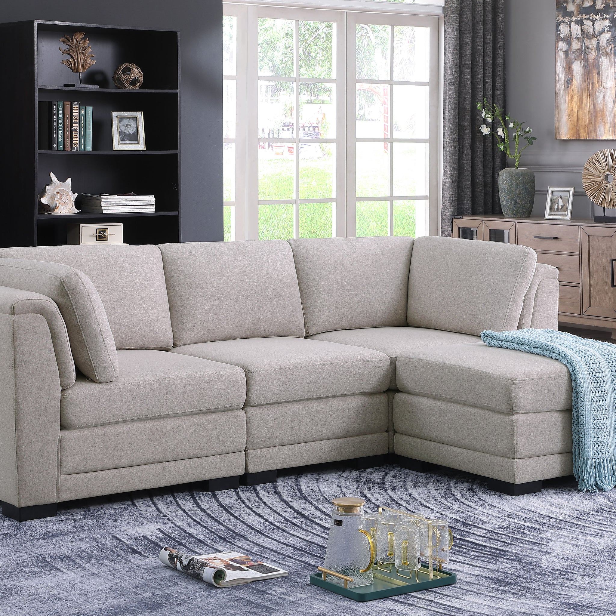 Kristin 96" Light Gray Linen Fabric Reversible Sectional Sofa With Ottoman Light Gray Linen