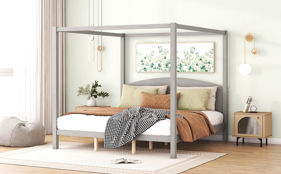 King Size Canopy Platform Bed With Headboard And Support Legs, Grey Wash Box Spring Not Required Grey Wood Pine