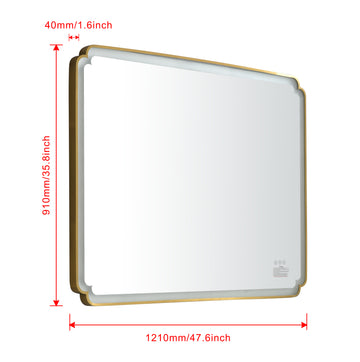 48*36 Led Lighted Bathroom Wall Mounted Mirror With High Lumen Anti Fog Separately Control Gold Aluminium