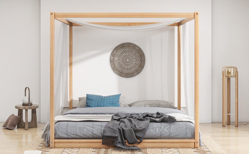 King Size Canopy Platform Bed With Support Legs, Natural Box Spring Not Required King Natural Wood Bedroom Canopy Pine
