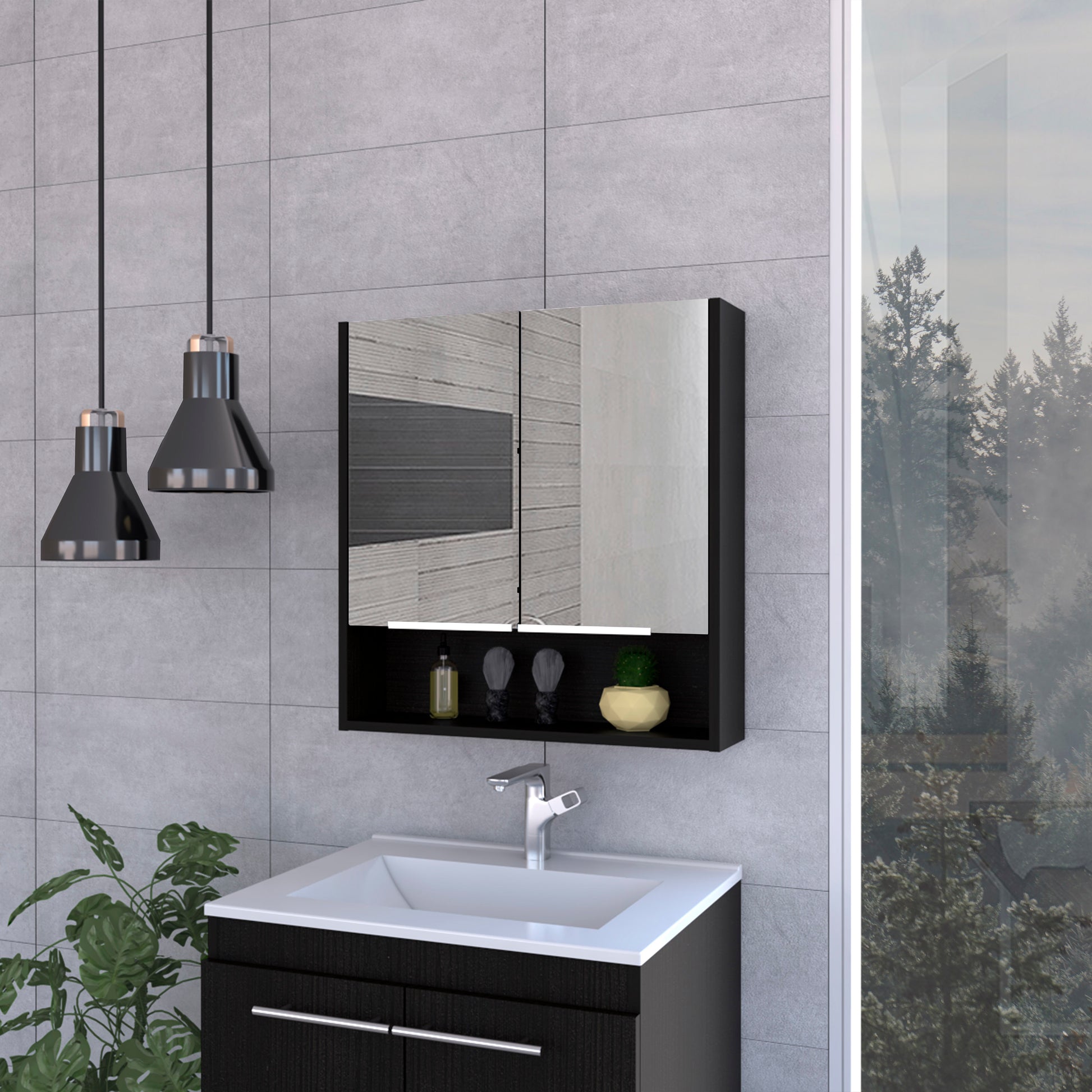 Medicine Cabinet With Mirror Lexington,Three Internal Shelves, Black Wengue Finish Black Particle Board