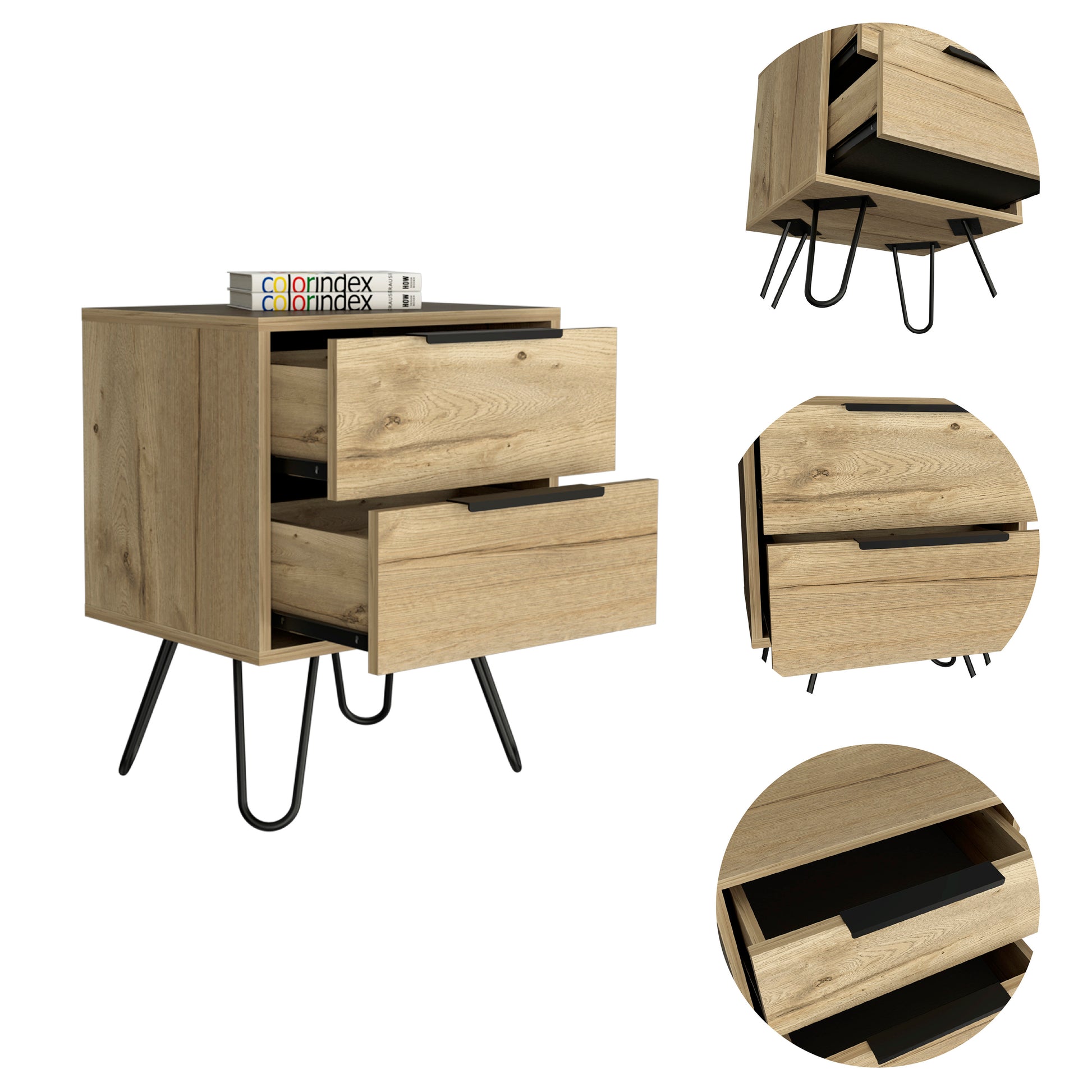 Nightstand Skyoner 2, Harpin Legs, Two Drawers, Light Oak Finish Light Oak Particle Board