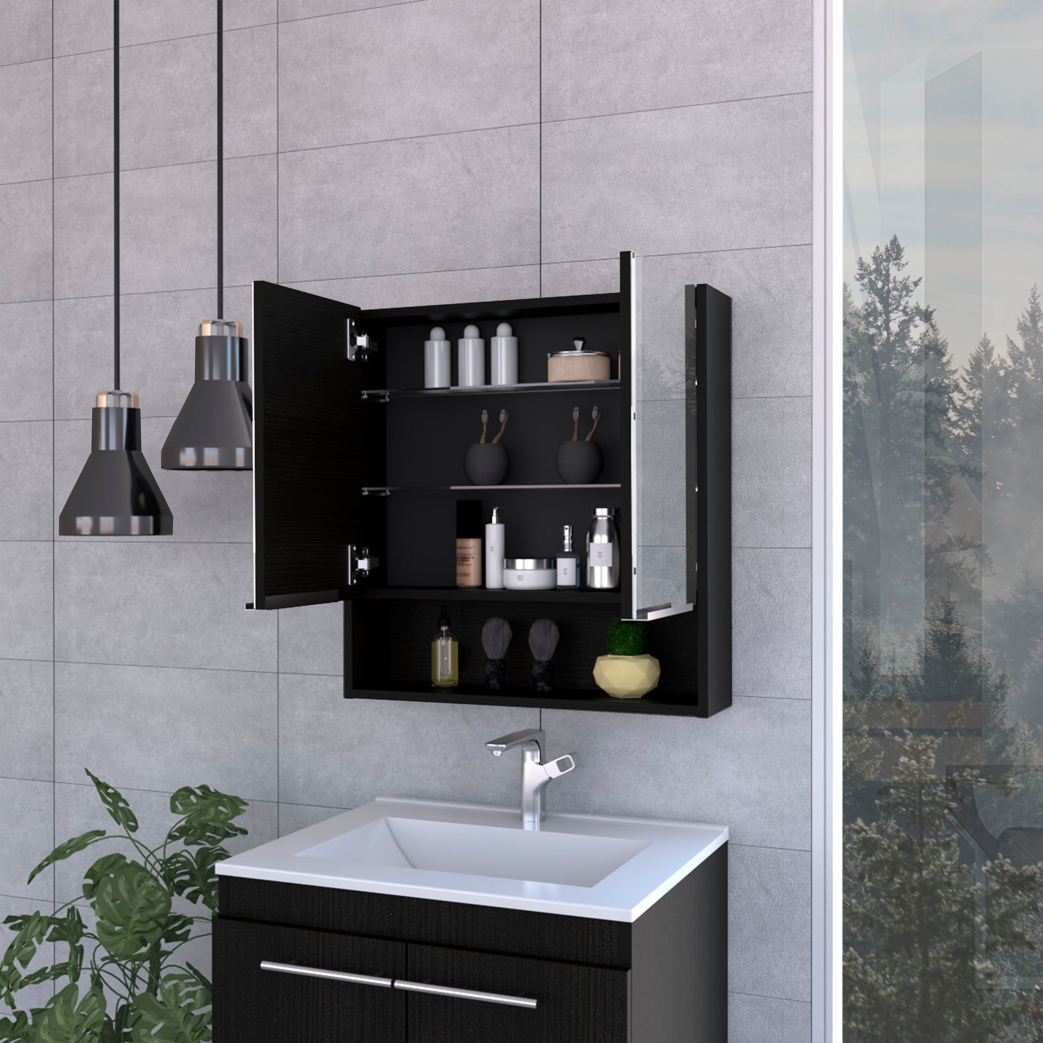 Medicine Cabinet With Mirror Lexington,Three Internal Shelves, Black Wengue Finish Black Particle Board