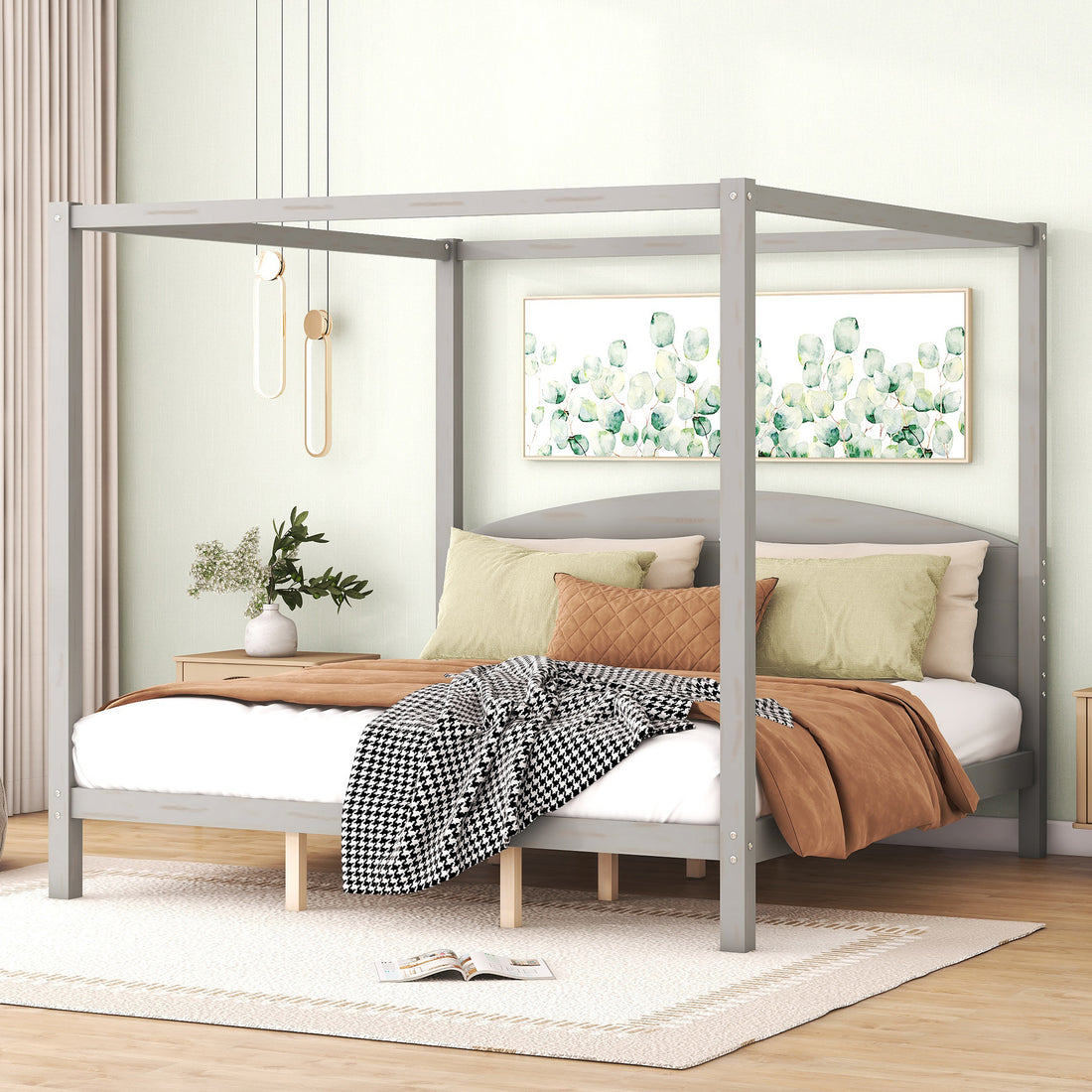 King Size Canopy Platform Bed With Headboard And Support Legs, Grey Wash Box Spring Not Required Grey Wood Pine