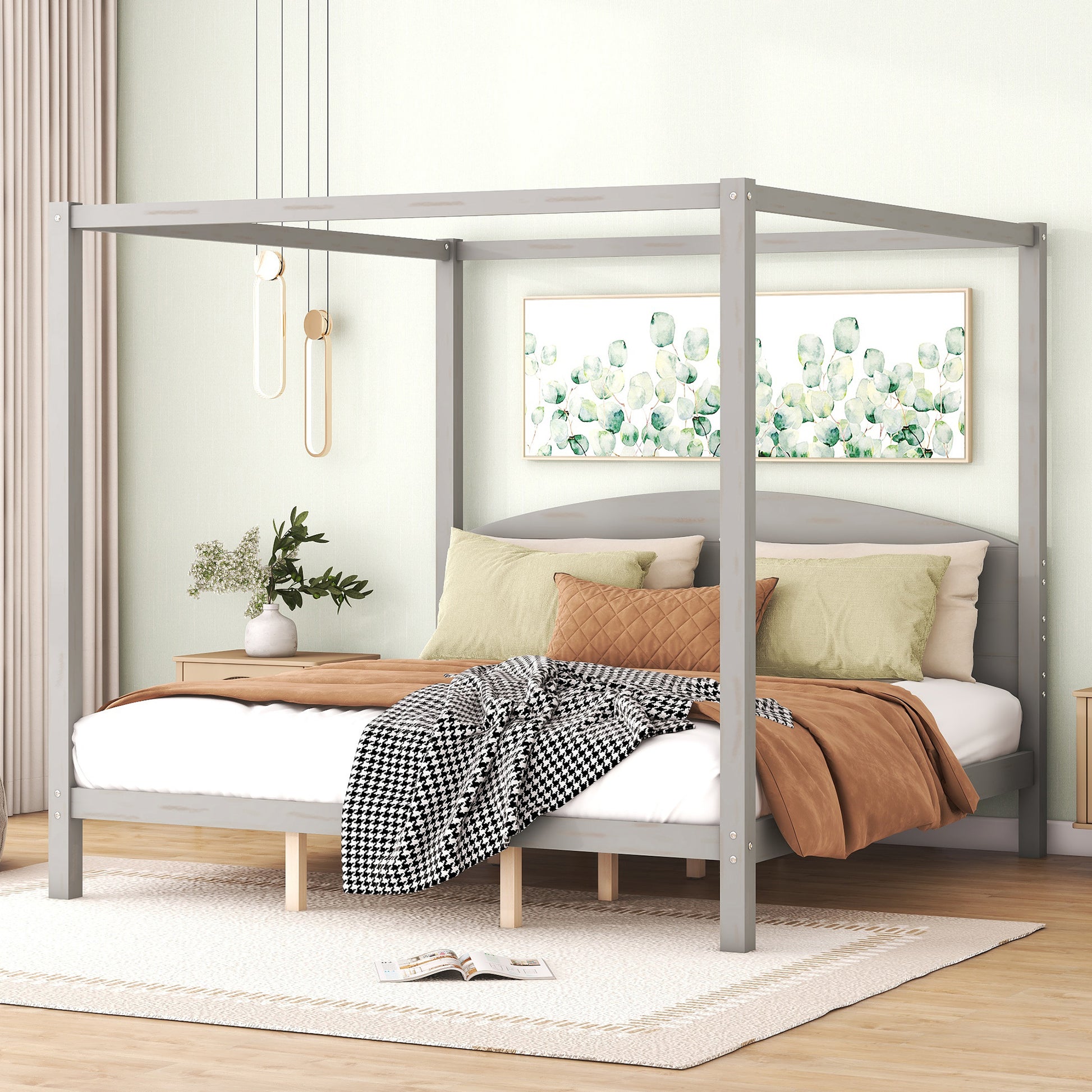King Size Canopy Platform Bed With Headboard And Support Legs, Grey Wash Box Spring Not Required Grey Wood Pine