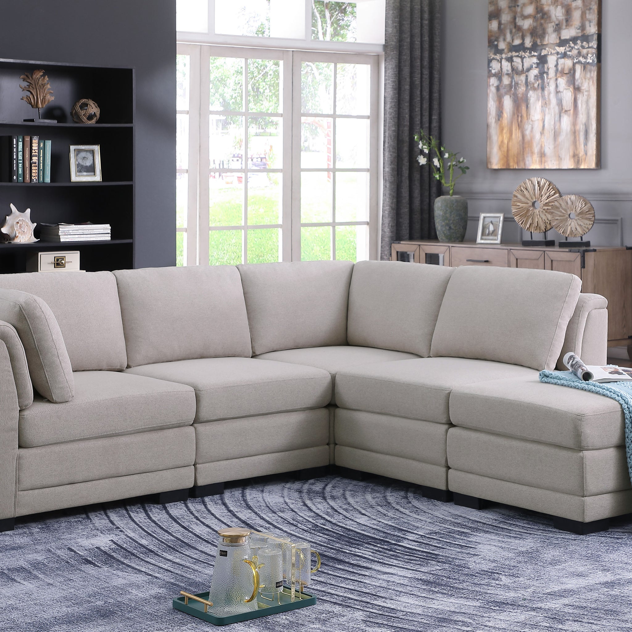 Kristin 96" Light Gray Linen Fabric Reversible Sectional Sofa With Ottoman Light Gray Linen