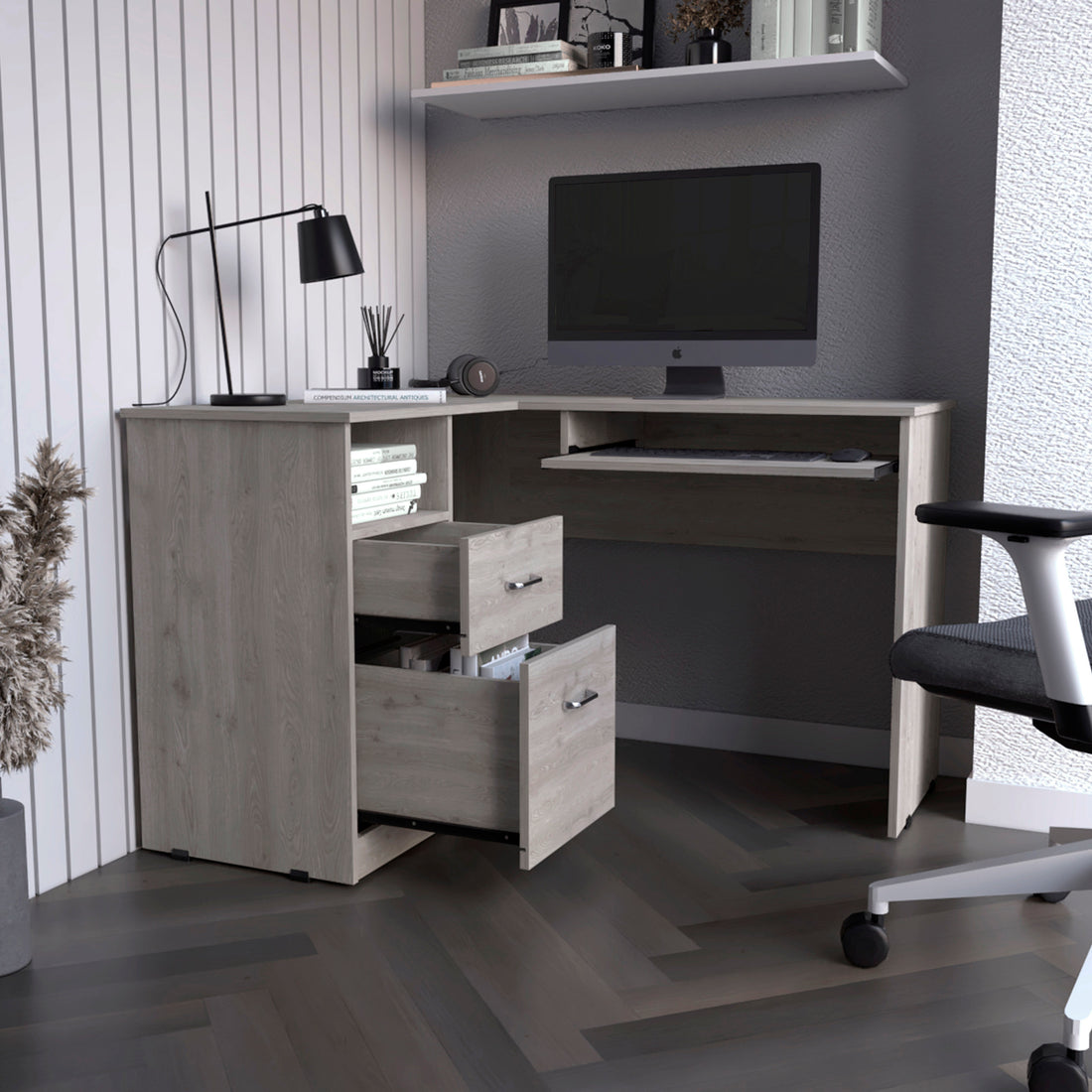 L Shaped Desk Bradford, Keyboard Shelf, Light Gray Finish Light Gray Particle Board