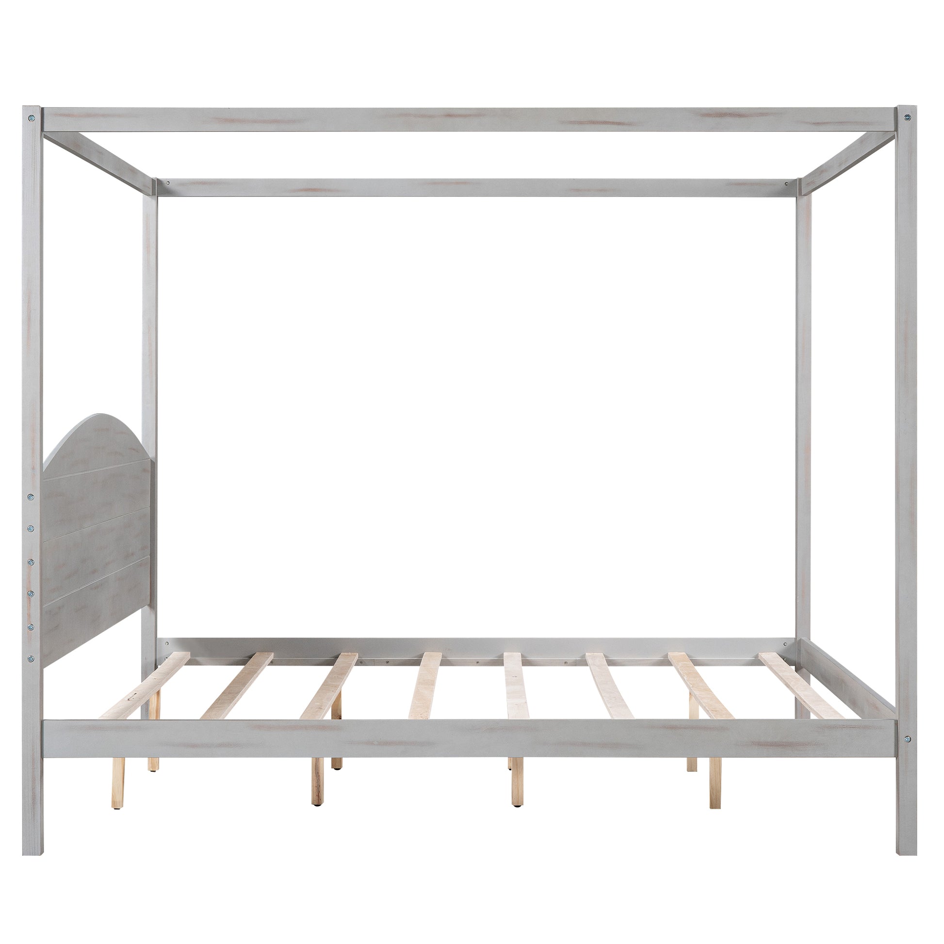 King Size Canopy Platform Bed With Headboard And Support Legs, Grey Wash Box Spring Not Required Grey Wood Pine