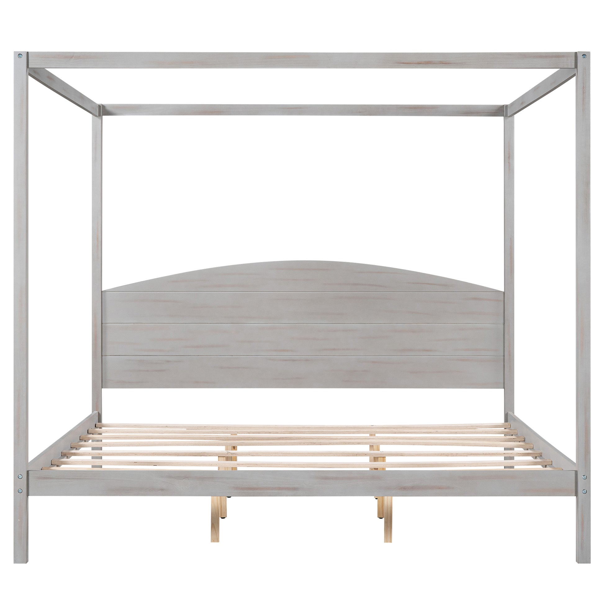 King Size Canopy Platform Bed With Headboard And Support Legs, Grey Wash Box Spring Not Required Grey Wood Pine