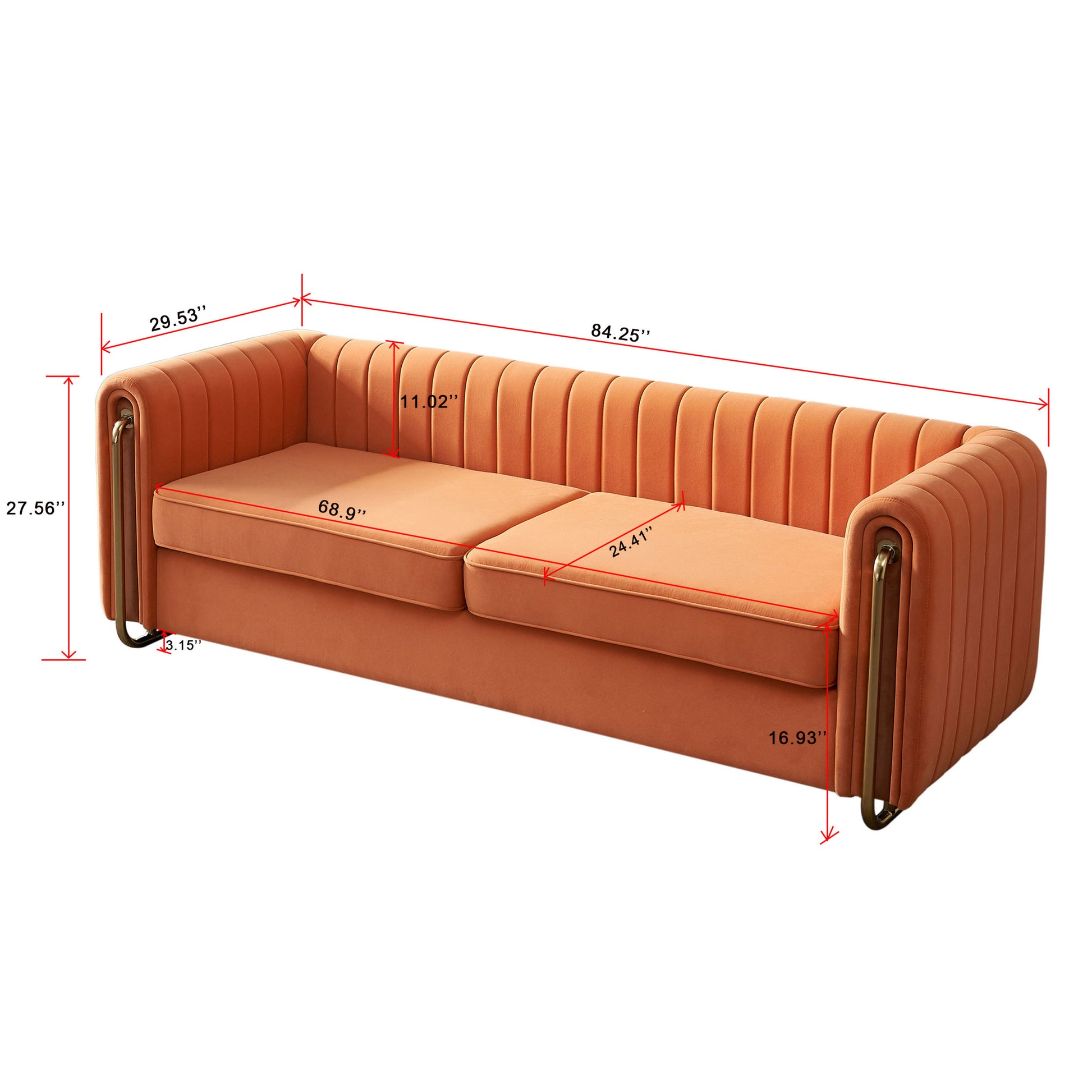 Contemporary Velvet Sofa Couch 84.25''W For Living Room, Orange Orange Velvet Wood Primary Living Space Tufted Back Modern Rolled Arms Foam Velvet 2 Seat