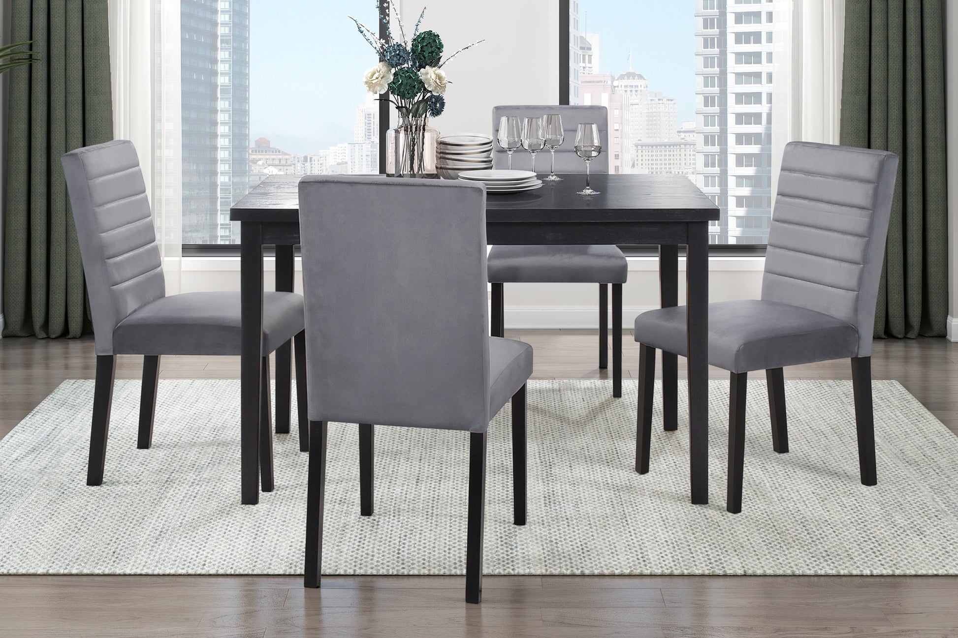 Gray Velvet Upholstered Side Chairs Set Of 2Pc Black Finish Wood Frame Casual Dining Room Furniture Black Dining Room Casual Side Chair Wood