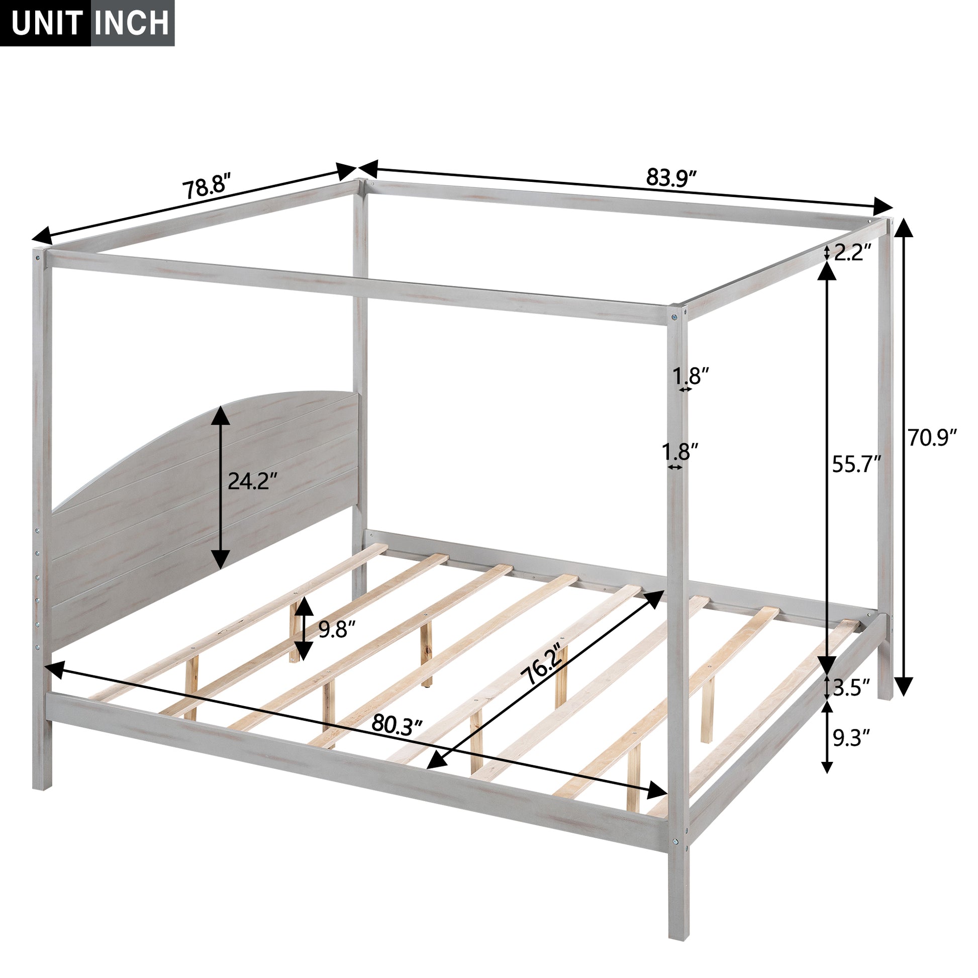 King Size Canopy Platform Bed With Headboard And Support Legs, Grey Wash Box Spring Not Required Grey Wood Pine