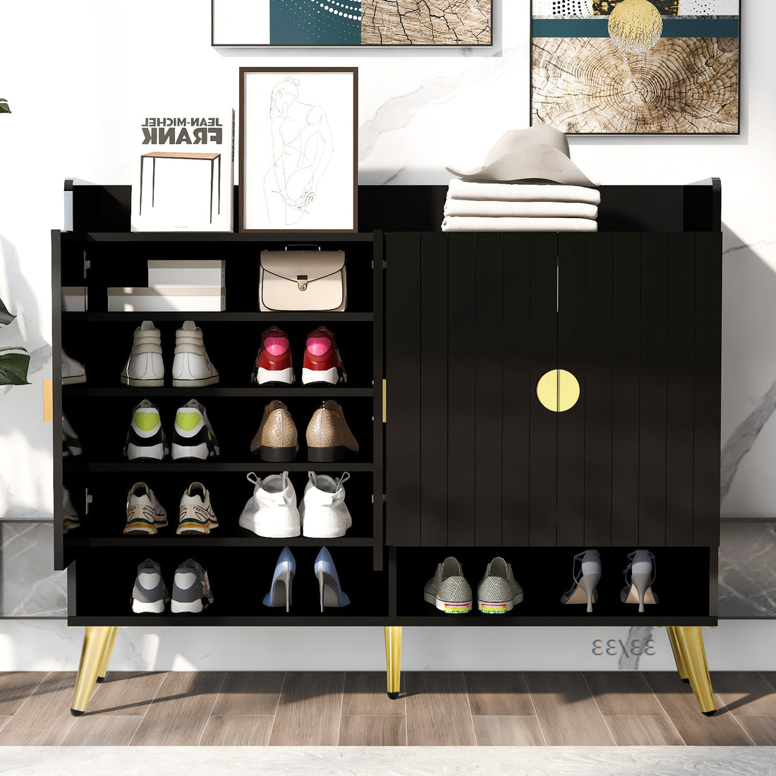 Shoe Cabinet With Doors, 11 Tier Shoe Storage Cabinet With Adjustable Shelves, Modern Wooden Shoes Shoe Storage Organizer For Entryway, Living Room, Hallway Pvc Surface Black Mdf