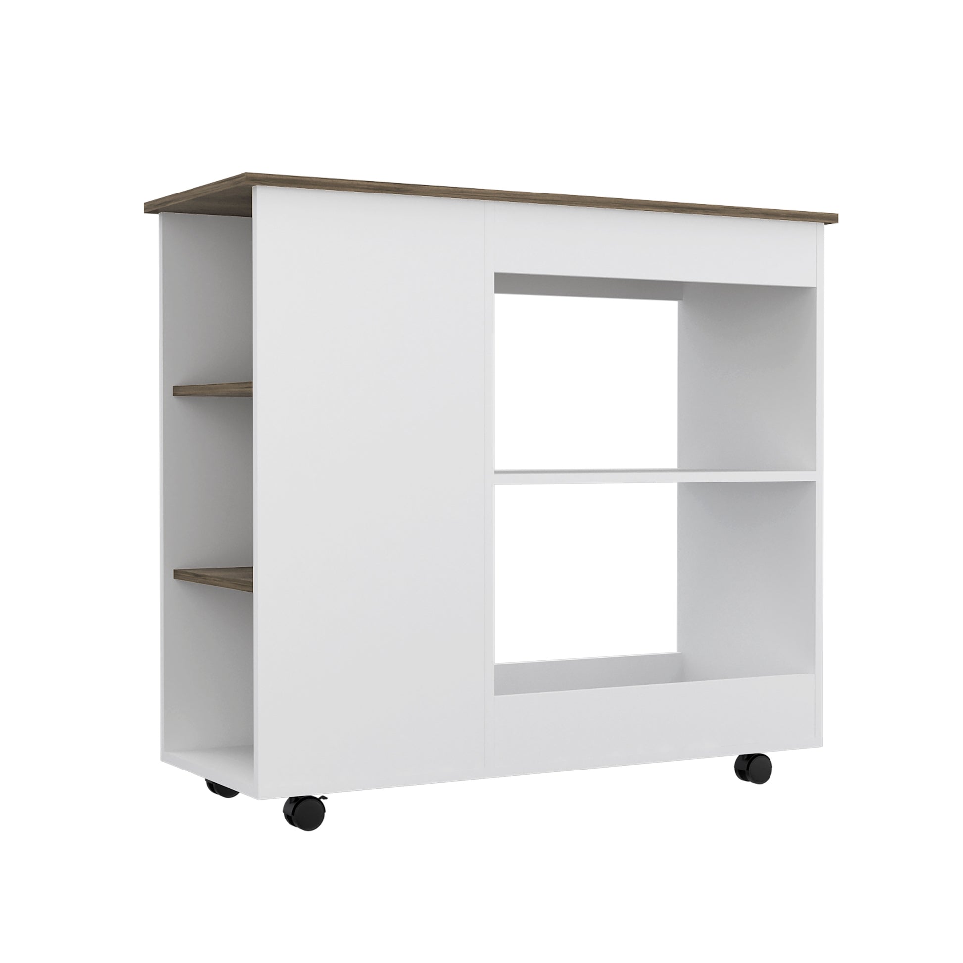 Kitchen Cart Kamizaze, Two Storage Shelves, Four Casters, Three Side Shelves, White Dark Brown Finish Dark Brown White Particle Board