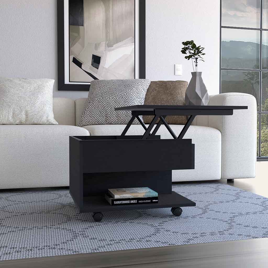 Lift Top Coffee Table Mercuri, Casters, Black Wengue Finish Black Particle Board