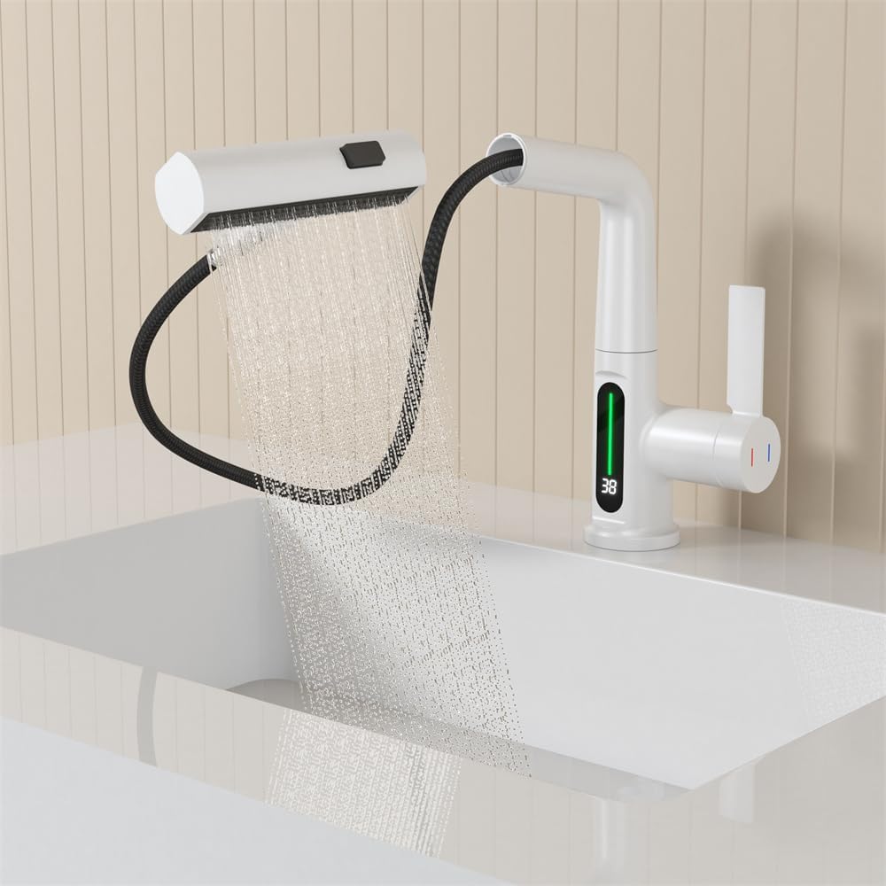 Pull Out Lift Led Temperature Digital Display Bathroom Basin Faucet, Single Handle 360 Rotatable Waterfall 3 In 1 Basin Tap With Adjustable Height White One White Deck Mounted Lever Handles 1 Hole Faucets Stainless Steel