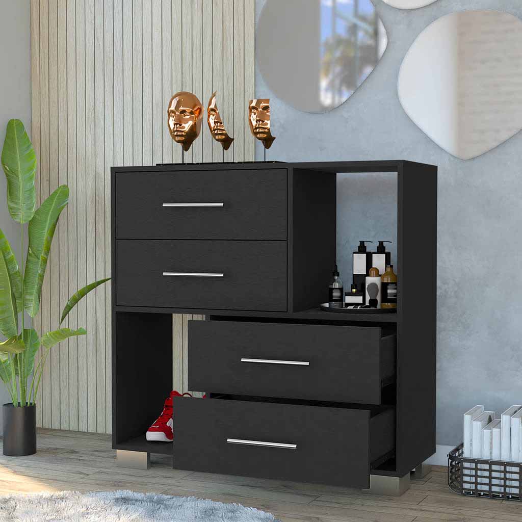 Dresser Hetzs, Four Drawers, Two Open Shelves, Black Wengue Finish Black Particle Board