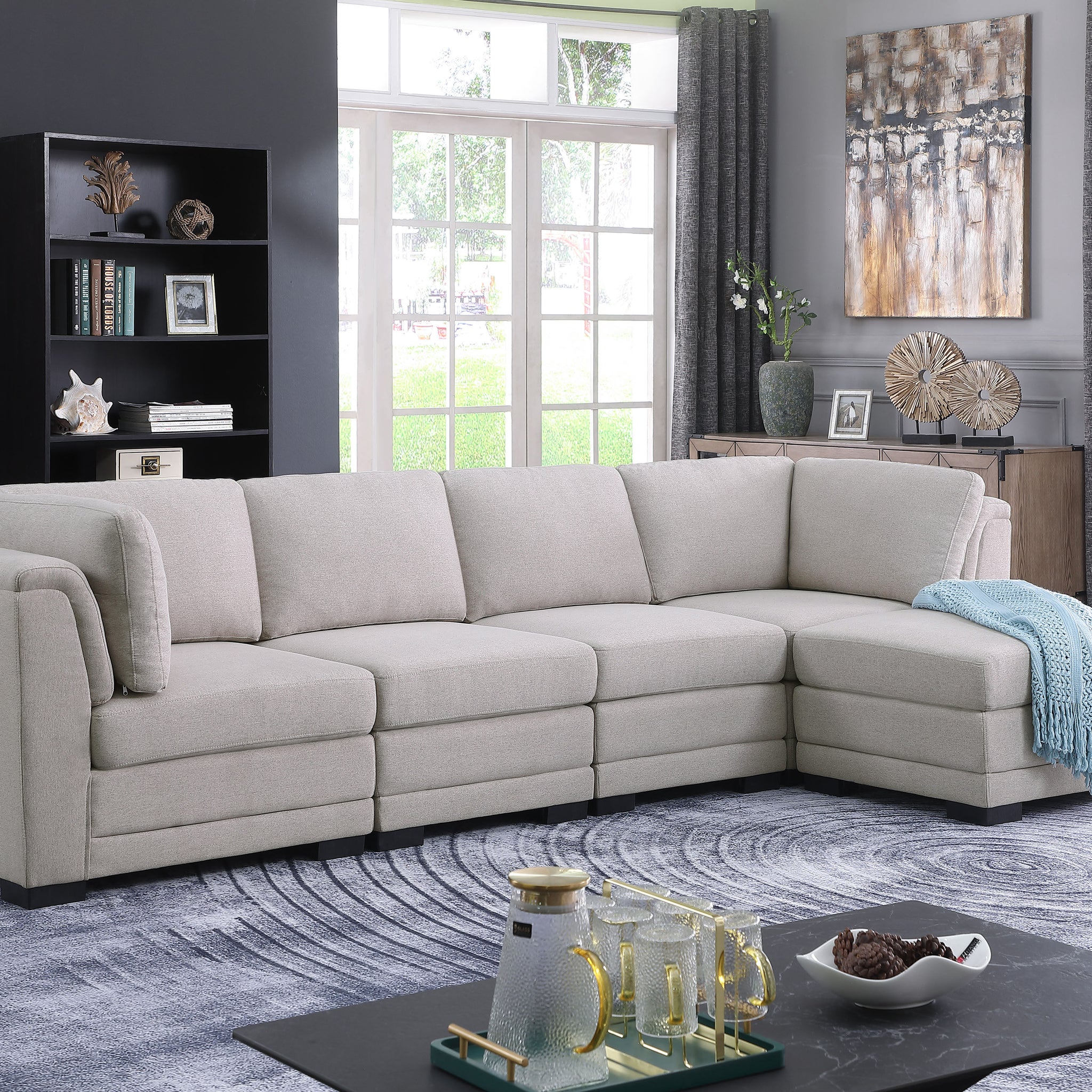 Kristin 121.5" Light Gray Linen Fabric Reversible Sectional Sofa With Ottoman Light Gray Linen