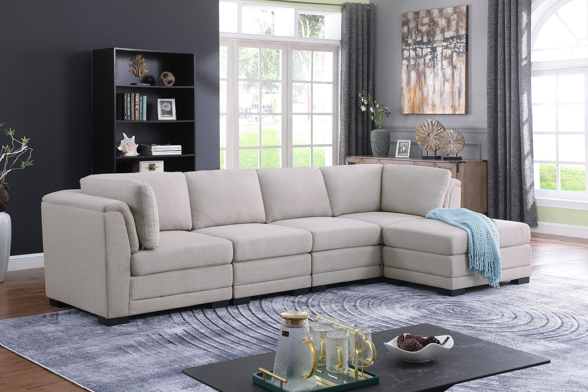 Kristin 121.5" Light Gray Linen Fabric Reversible Sectional Sofa With Ottoman Light Gray Linen