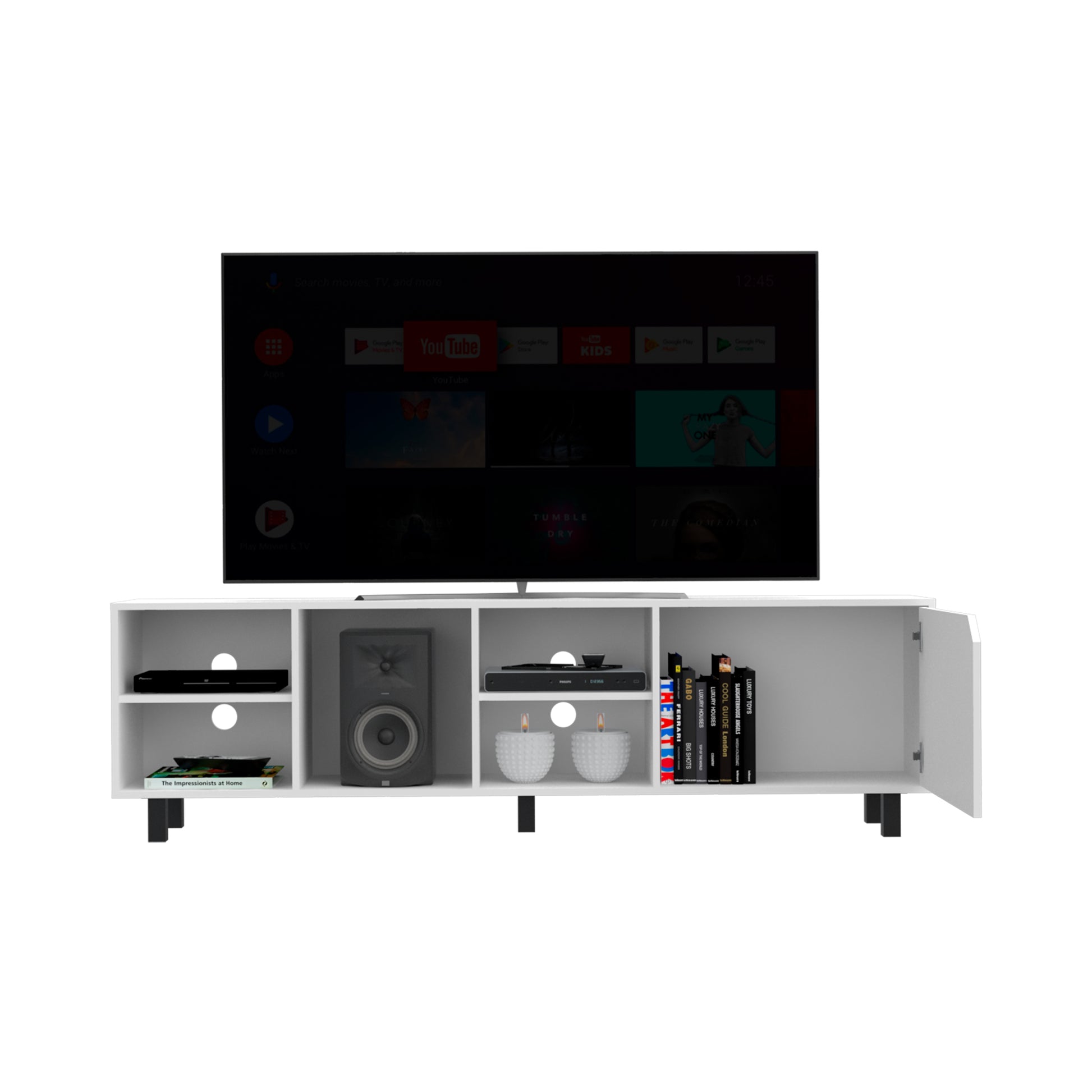 Tv Stand For Tv S Up 70" Estocolmo, Four Open Shelves, White Finish White 50 59 Inches Particle Board