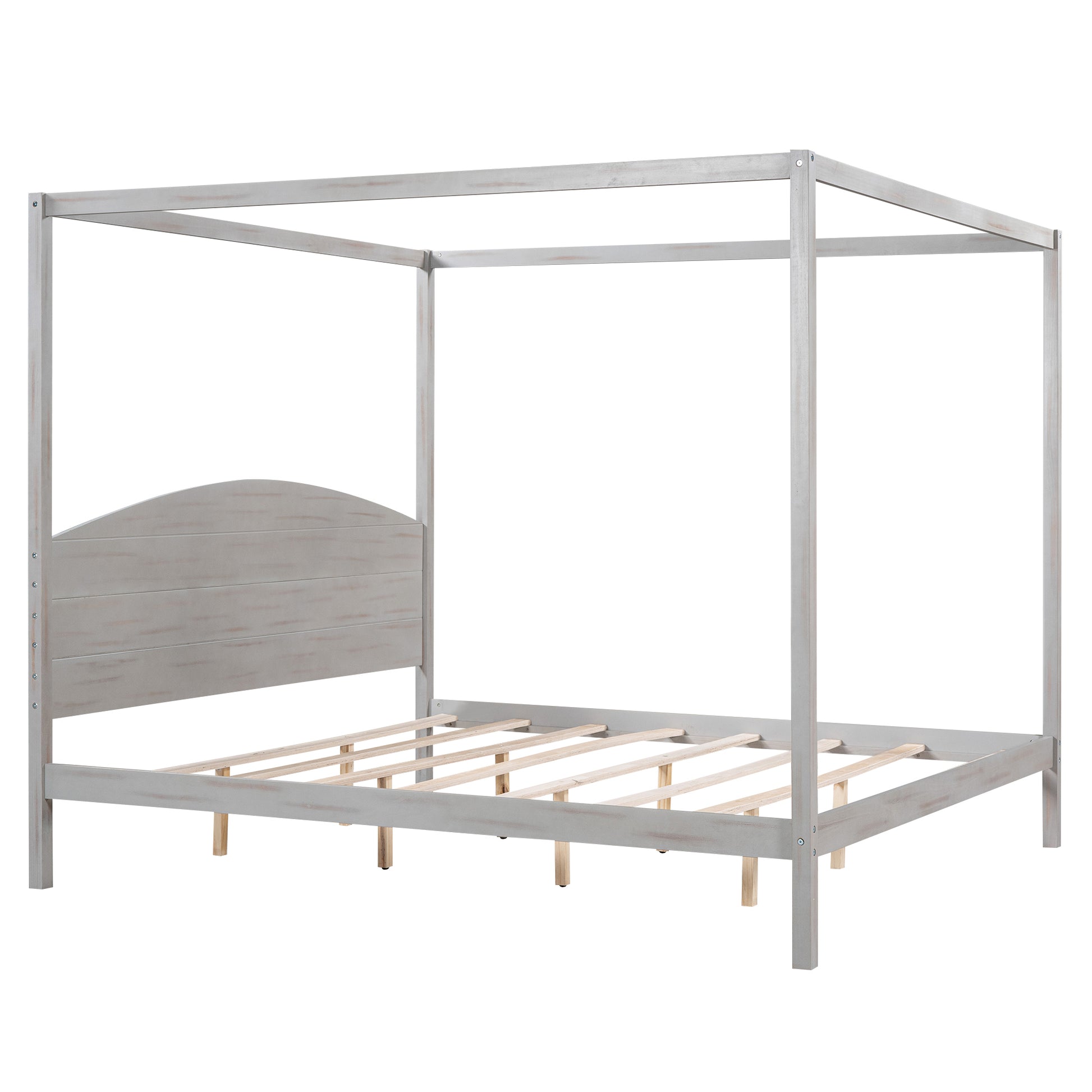 King Size Canopy Platform Bed With Headboard And Support Legs, Grey Wash Box Spring Not Required Grey Wood Pine