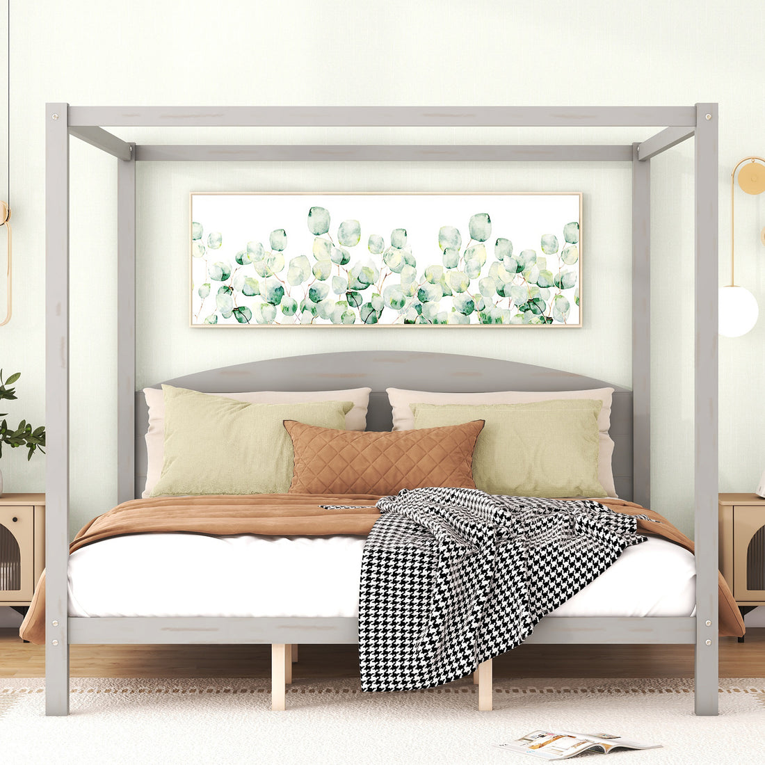 King Size Canopy Platform Bed With Headboard And Support Legs, Grey Wash Box Spring Not Required Grey Wood Pine
