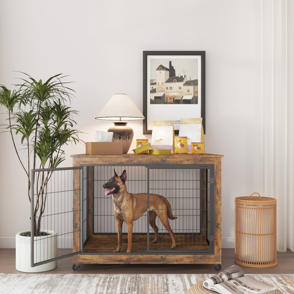 Furniture Style Dog Crate Side Table On Wheels With Double Doors And Lift Top. Rustic Brown, 43.7'' W X 30'' D X 31.1'' H. Rustic Brown Particle Board