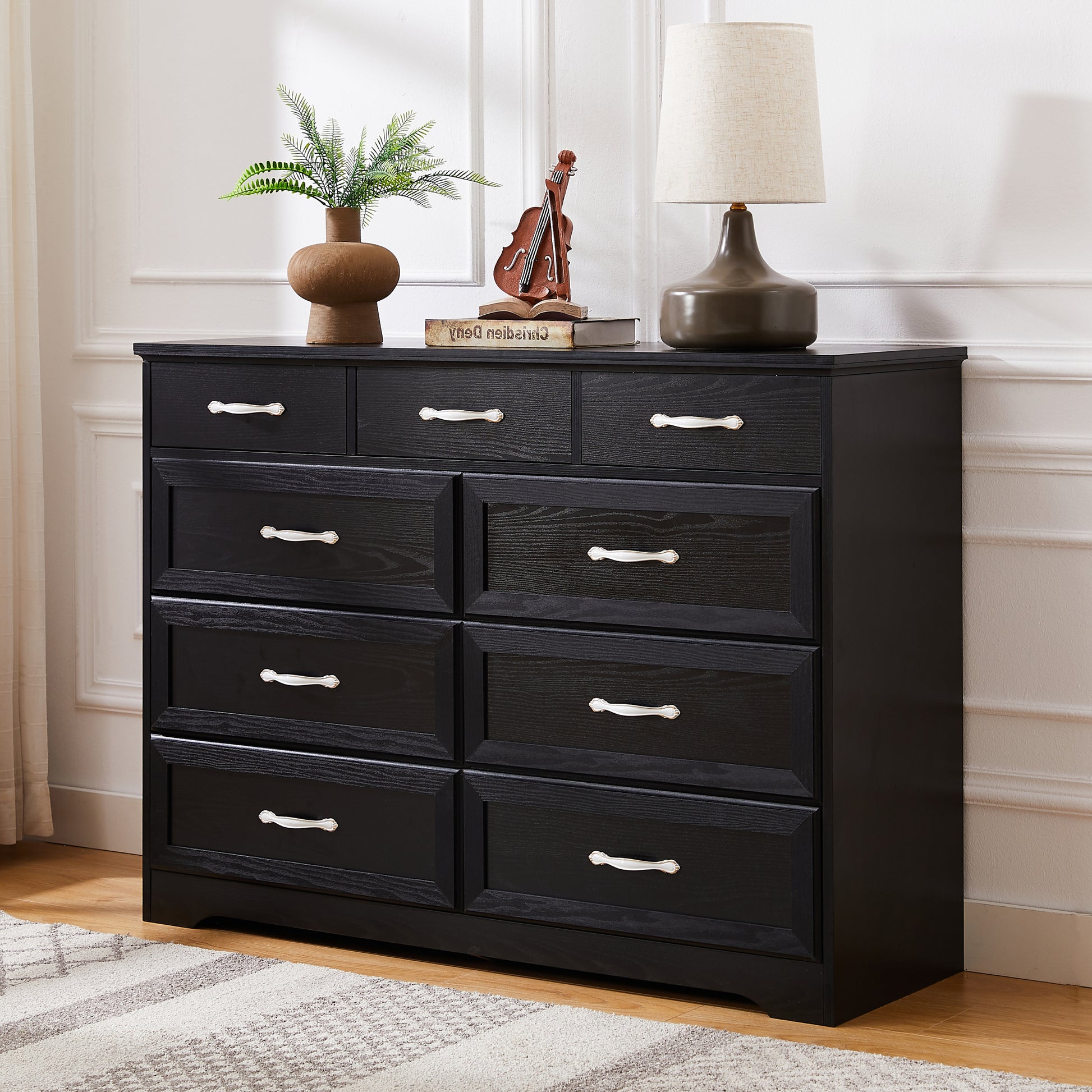 Bedroom Dresser, 9 Drawer Long Dresser With Antique Handles, Wood Chest Of Drawers For Kids Room, Living Room, Entry And Hallway, Black, 47.56''W X 15.75''D X 34.45''H. Black Particle Board