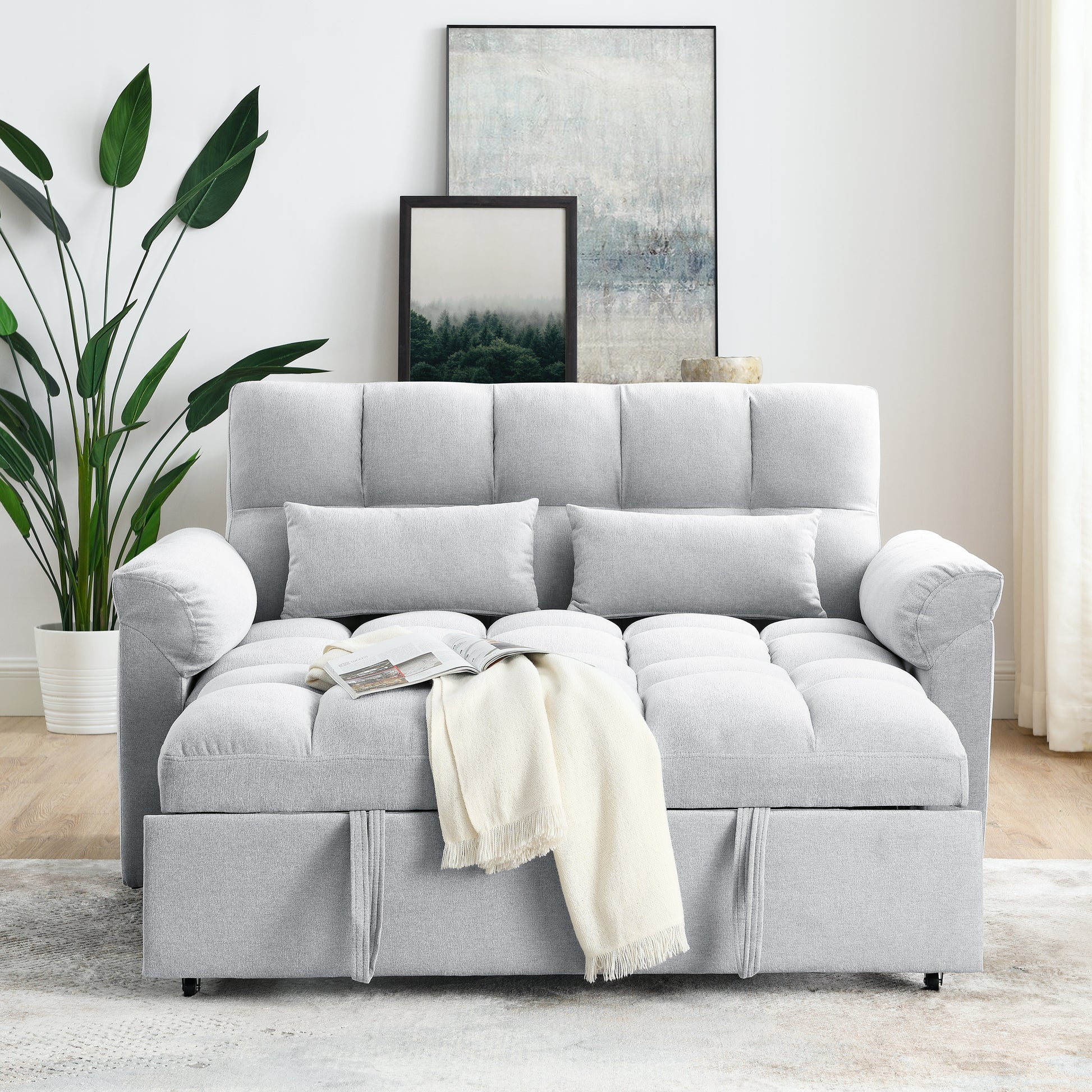 Loveseats Sofa Bed With Pull Out Bed,Adjsutable Back,Light Grey Grey Linen Wood Primary Living Space Medium Soft Tight Back Eucalyptus Pillow Top Arms Foam Linen 2 Seat
