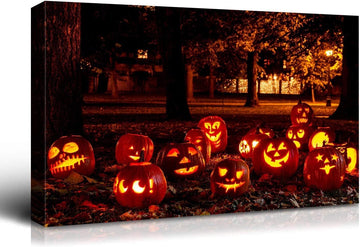 1Pcs Drop Ping Framed Canvas Wall Art Decor Painting For Halloween, Jack O Lanterns Groups Painting For Halloween Gift, Decoration For Halloween Living Room, Bedroom Decor 2418In Thickness 1.5Inc Multicolor Canvas