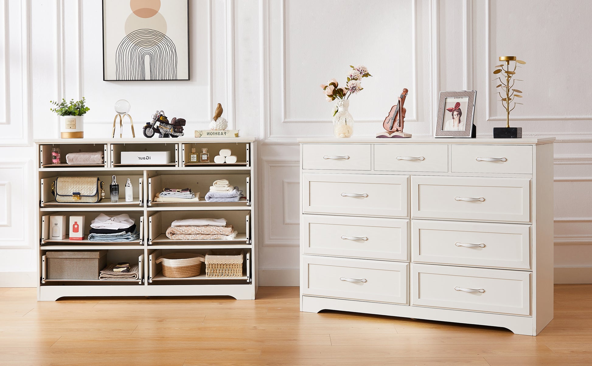 Bedroom Dresser, 9 Drawer Long Dresser With Antique Handles, Wood Chest Of Drawers For Kids Room, Living Room, Entry And Hallway, White, 47.56''W X 15.75''D X 34.45''H. White Particle Board