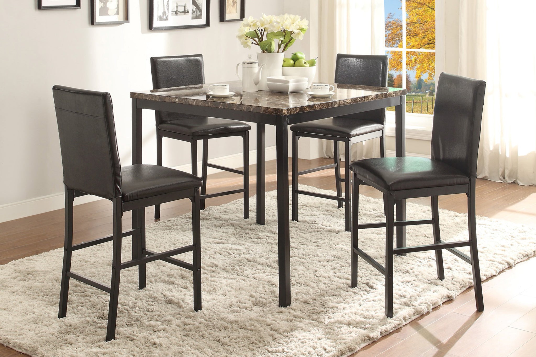 Black Metal Finish Counter Height Dining Set 5pc Faux black-seats 4-dining room-dining table with