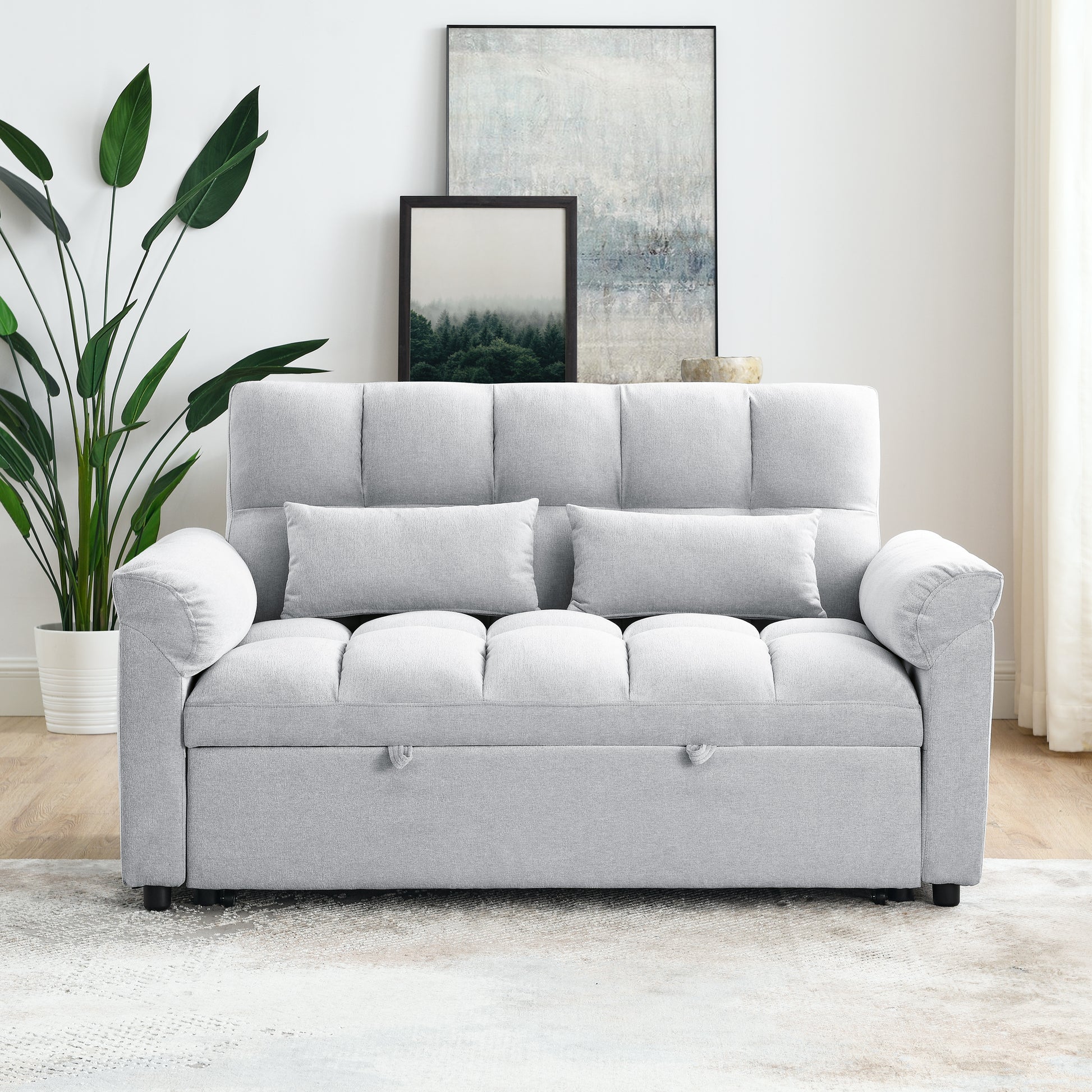 Loveseats Sofa Bed With Pull Out Bed,Adjsutable Back,Light Grey Grey Linen Wood Primary Living Space Medium Soft Tight Back Eucalyptus Pillow Top Arms Foam Linen 2 Seat