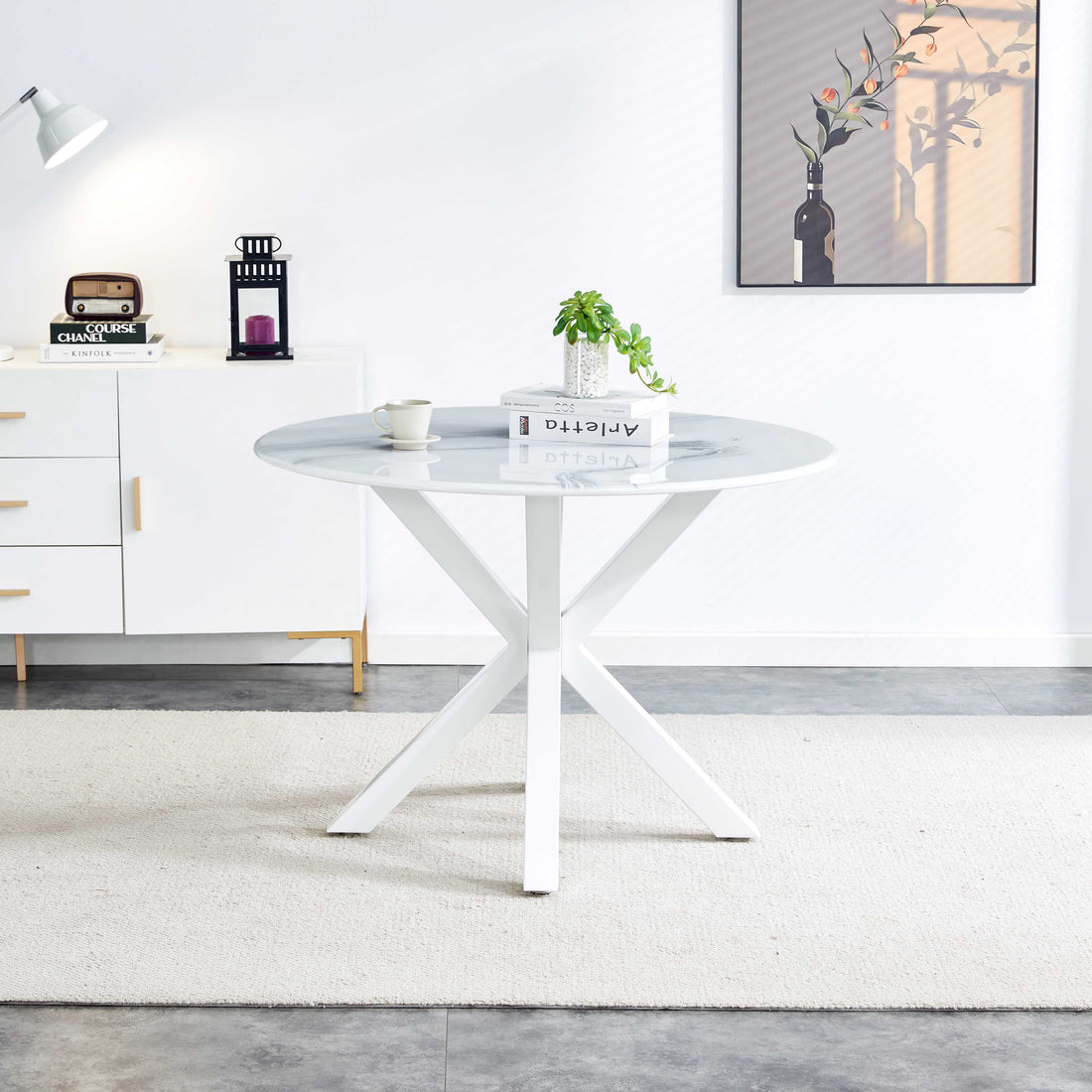 42.1"White Table Cross Leg Mid Century Dining Table For 4 6 People With Round Mdf Table Top, Pedestal Dining Table, End Table Leisure Coffee Table White Kitchen & Dining Tables Mdf