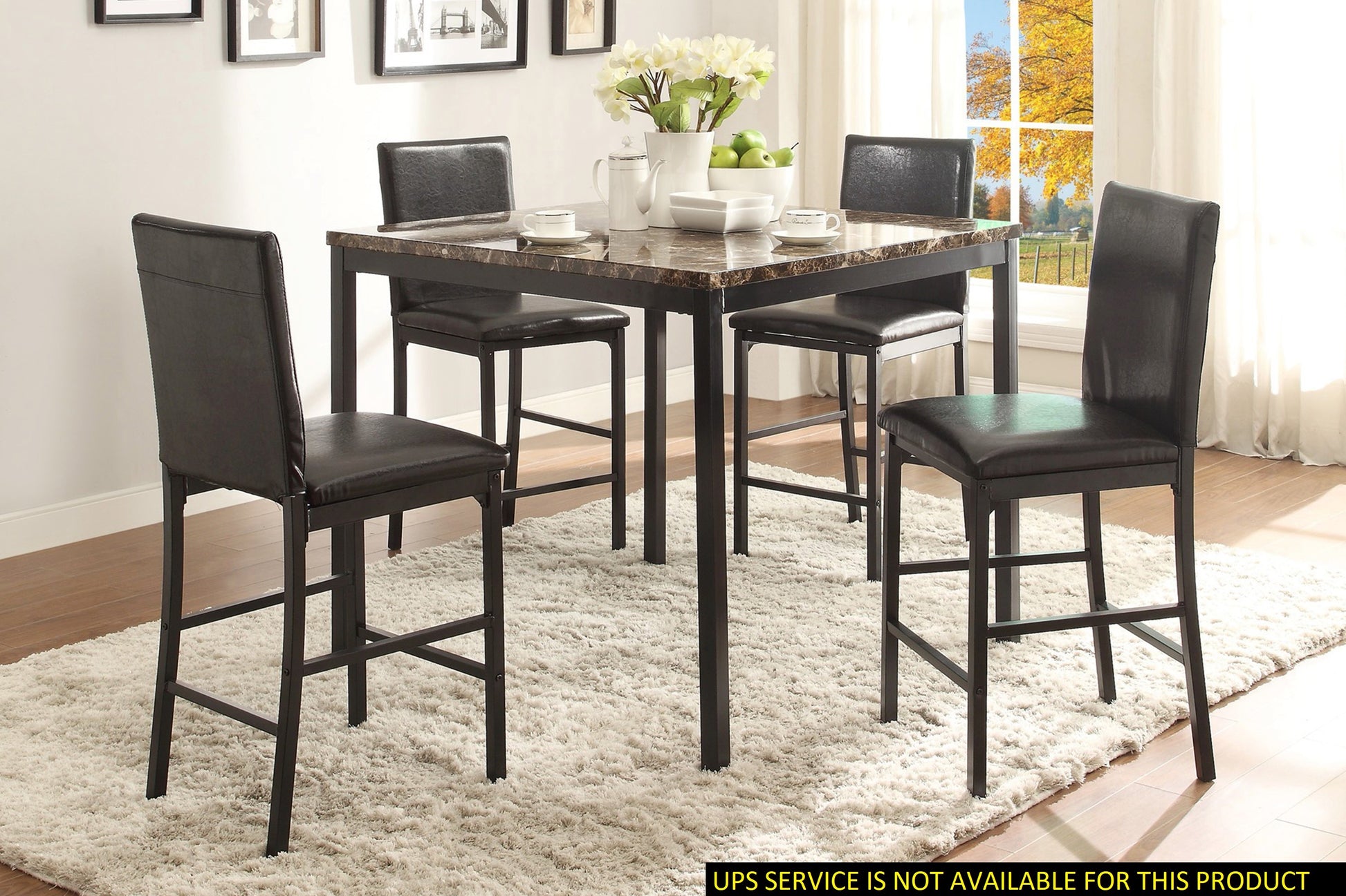 Black Metal Finish Counter Height Dining Set 5Pc Faux Marble Tabletop