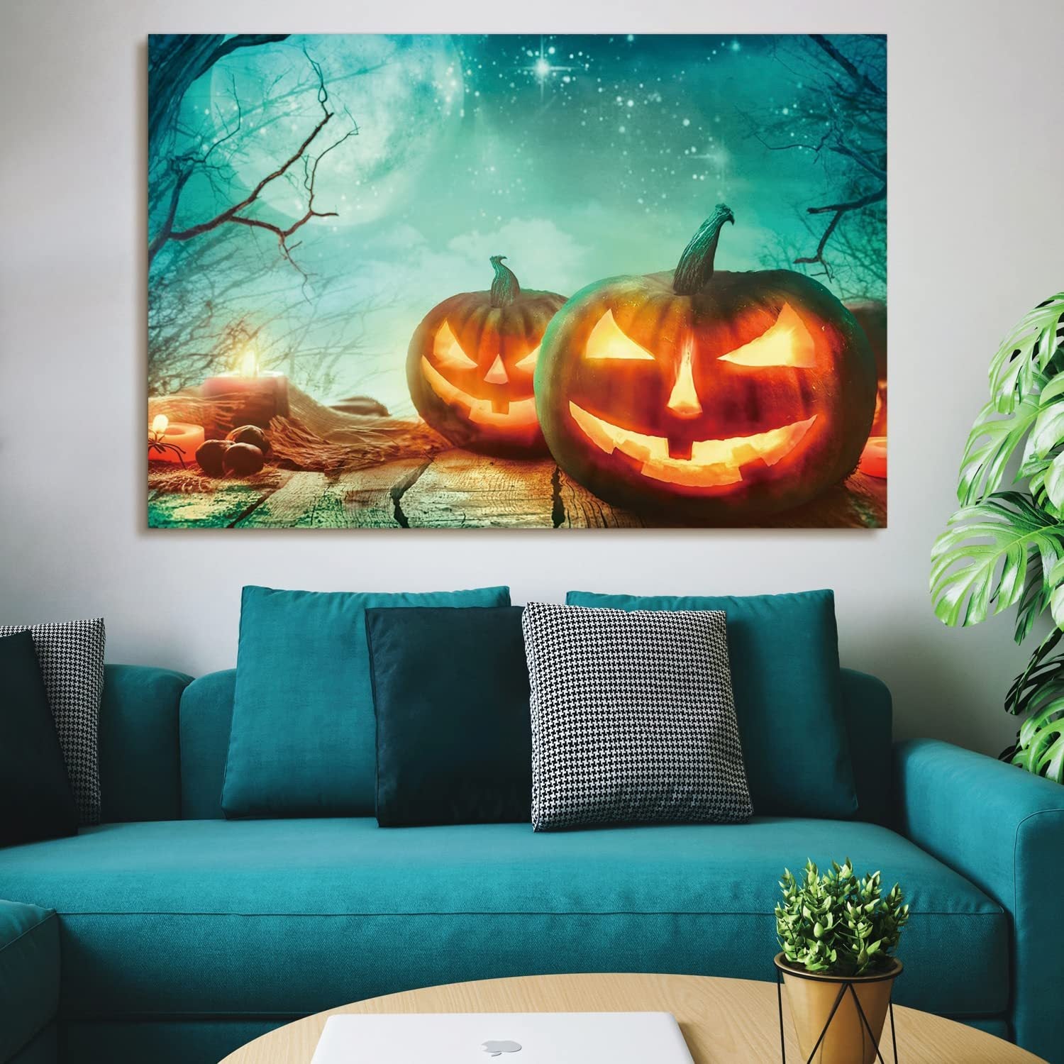 Drop Ping Framed Canvas Wall Art Decor Painting For Halloween, Jack O Lanterns Painting For Halloween Gift, Decoration For Halloween Living Room, Bedroom Decor Ready To Hang Multicolor Canvas