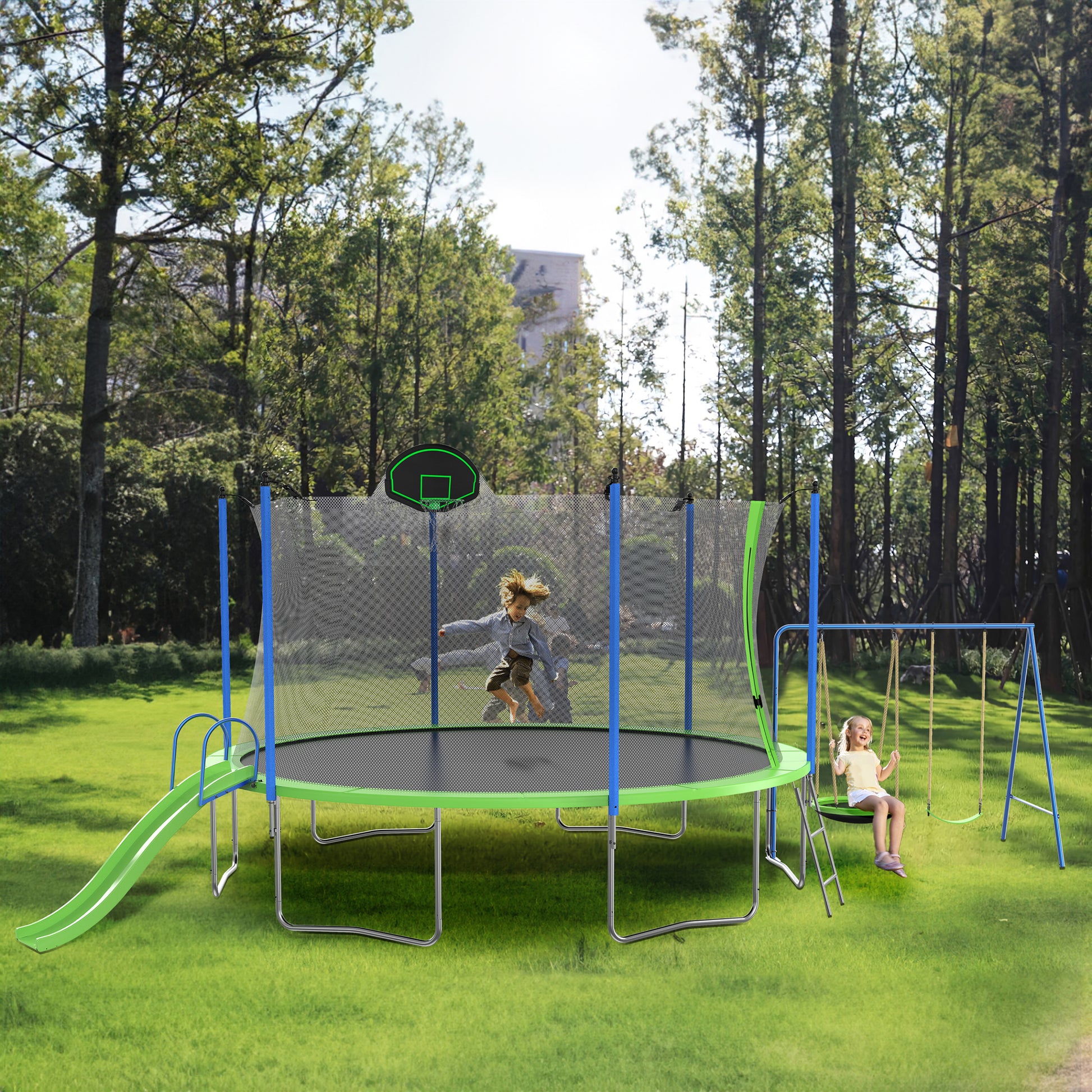 14Ft Trampoline With Slide And Swings, Astm Approved Large Recreational Trampoline With Basketball Hoop And Ladder,Outdoor Backyard Trampoline With Net, Capacity For Kids And Adults Green Metal