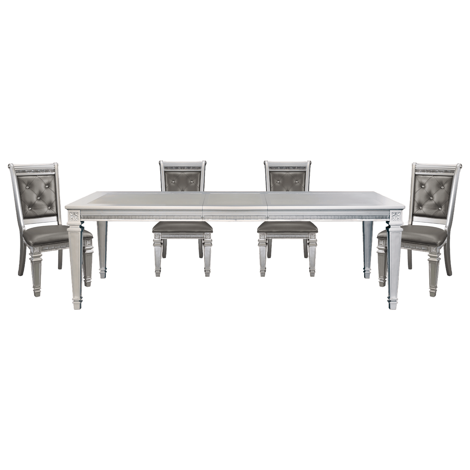 Silver Finish 5Pc Dining Set Table W Leaf And 4X Side Chairs Modern Glam Style Crystal Tufted Chairs Upholstered Seat Wooden Dining Room Furniture Silver Seats 4 Dining Room Extendable Glam,Modern Rectangular Dining Table With Chair Wood
