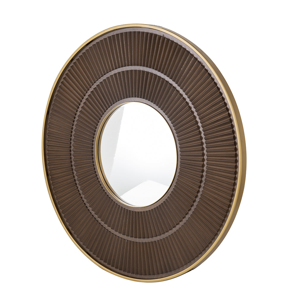 31.5x1x31.5" Round Carter Wooden Mirror with Gold Iron brown-mdf+glass