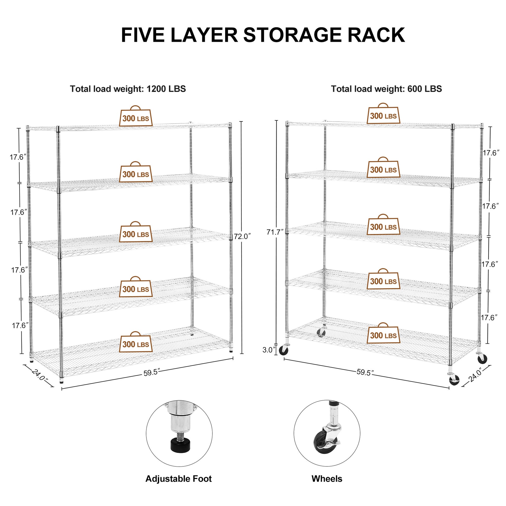 Warehouse, Supermarket,Kitchen,And Other 5 Layer Heavy Duty Adjustable Shelves With Wheels And Adjustable Feet,Each Metal Frame Bearing 300 Pounds. 59.45 "L 24.02 "W 71.65 "H. Silver Steel