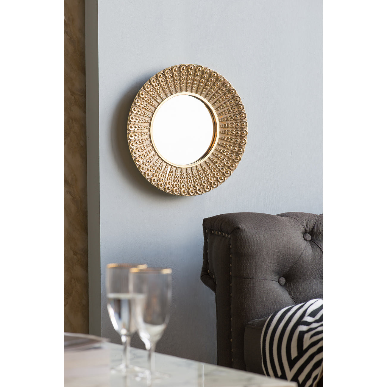 18.5" Transitional Beaded Sunburst Mirror, Round Accent Wall Mirror For Living Room, Entryway, Bathroom, Office, Foyer Gold Polyresin