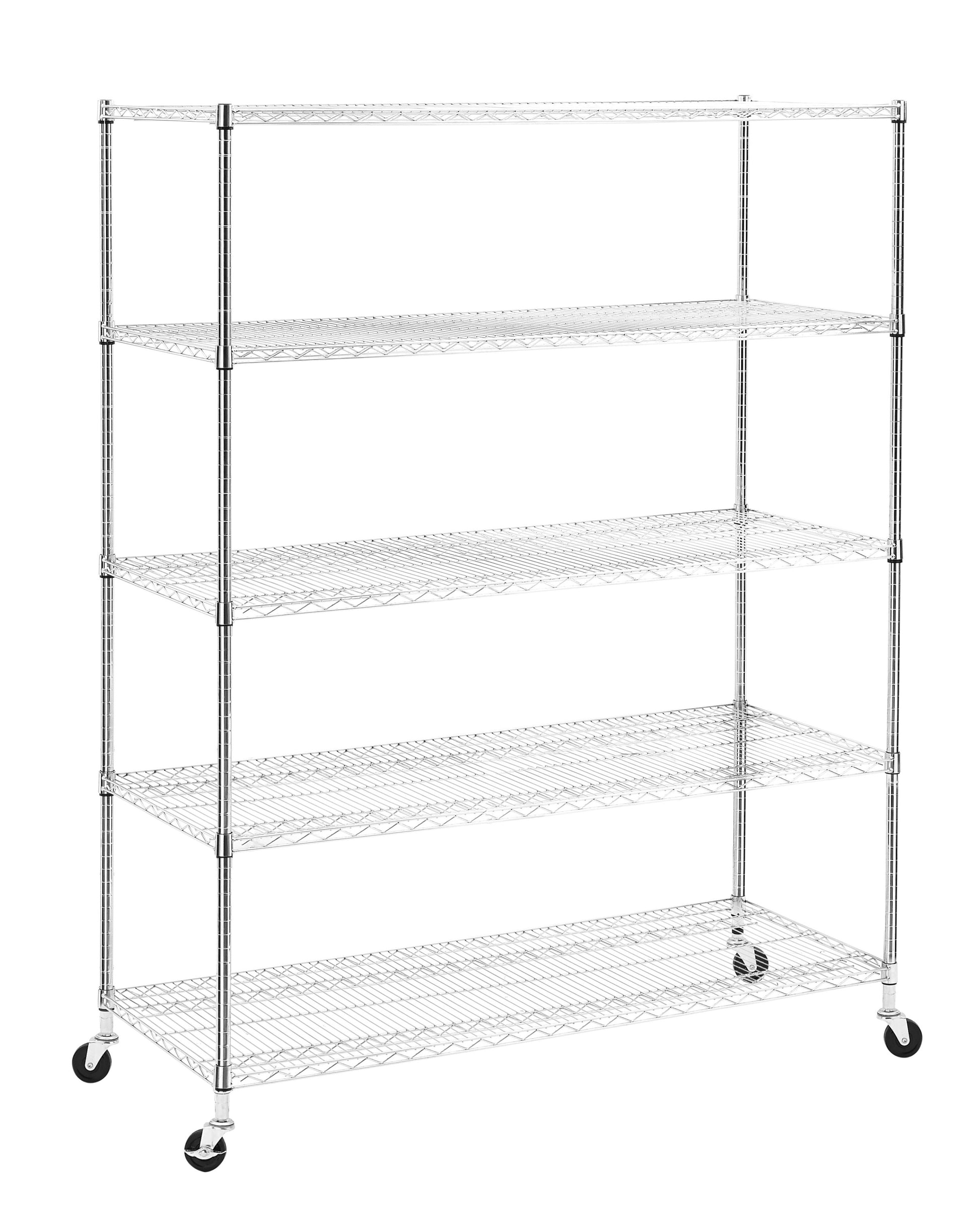 Warehouse, Supermarket,Kitchen,And Other 5 Layer Heavy Duty Adjustable Shelves With Wheels And Adjustable Feet,Each Metal Frame Bearing 300 Pounds. 59.45 "L 24.02 "W 71.65 "H. Silver Steel