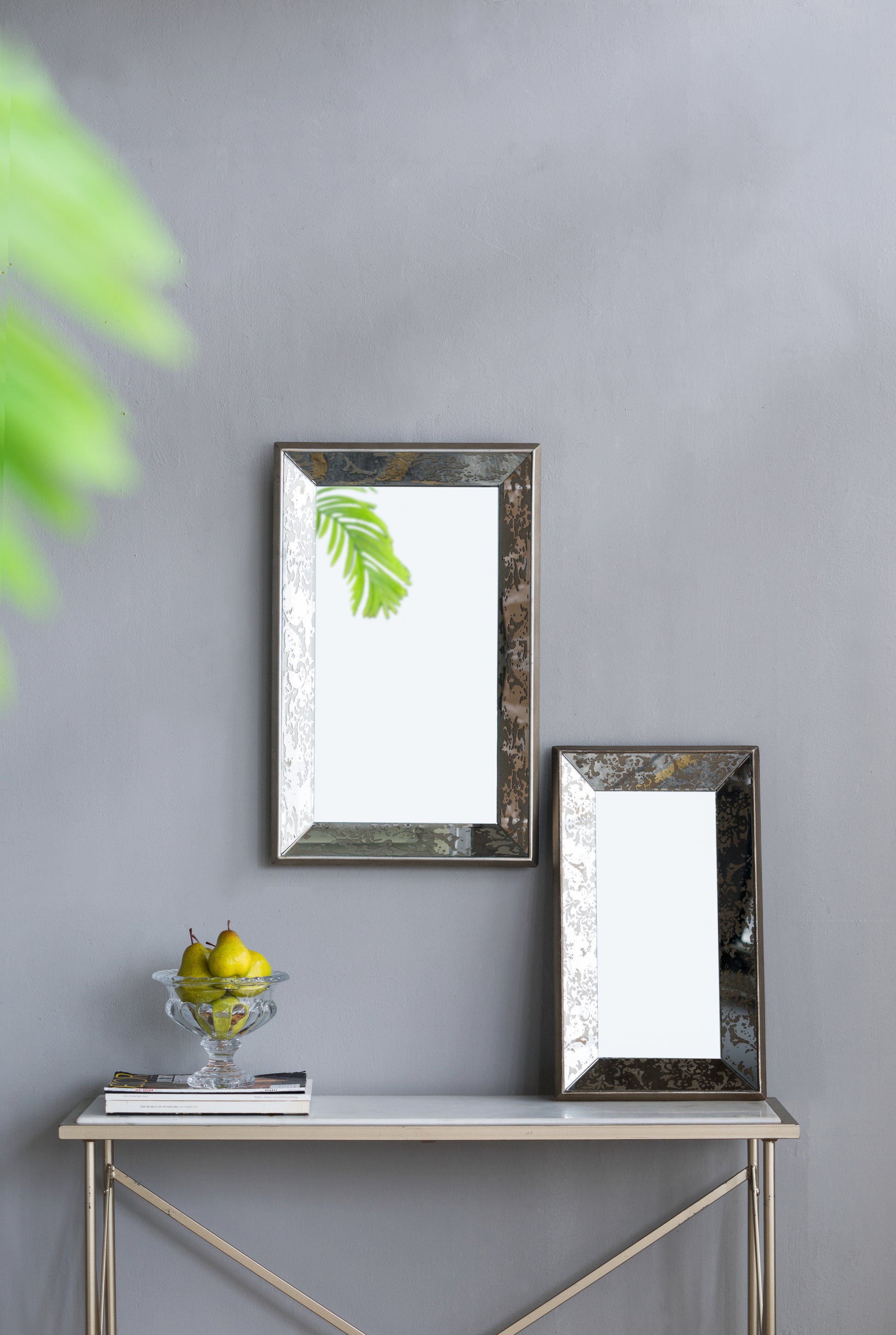 24" X 15" Antique Silver Rectangle Mirror With Floral Accents, Mirrored Display Tray, Hanging Wall Mirror Silver Mdf Glass