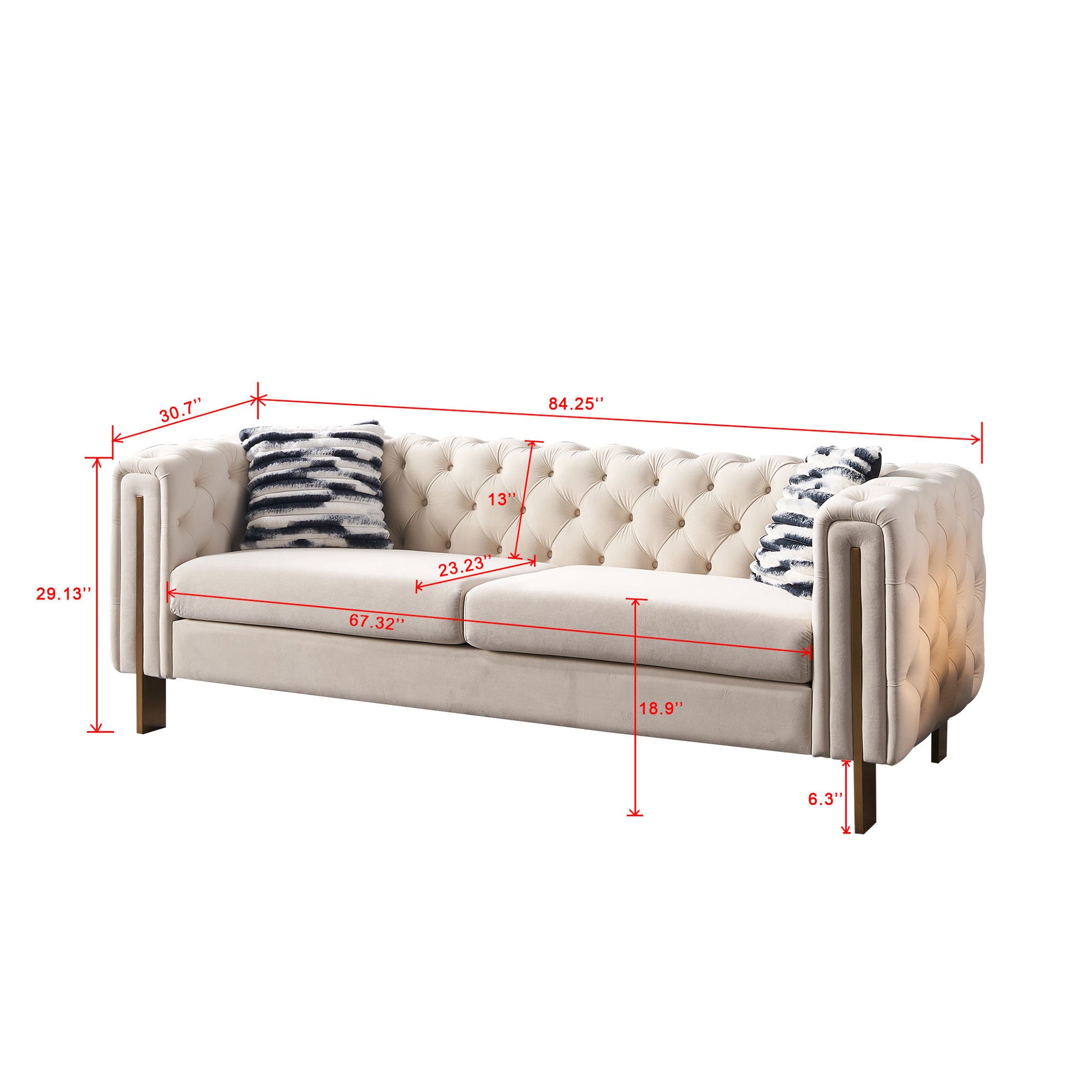 Chesterfield Modern Tufted Velvet Living Room Sofa, 84.25''W Couch,Cream Cream Velvet Wood Primary Living Space Tufted Back Modern Square Arms Foam Velvet 2 Seat